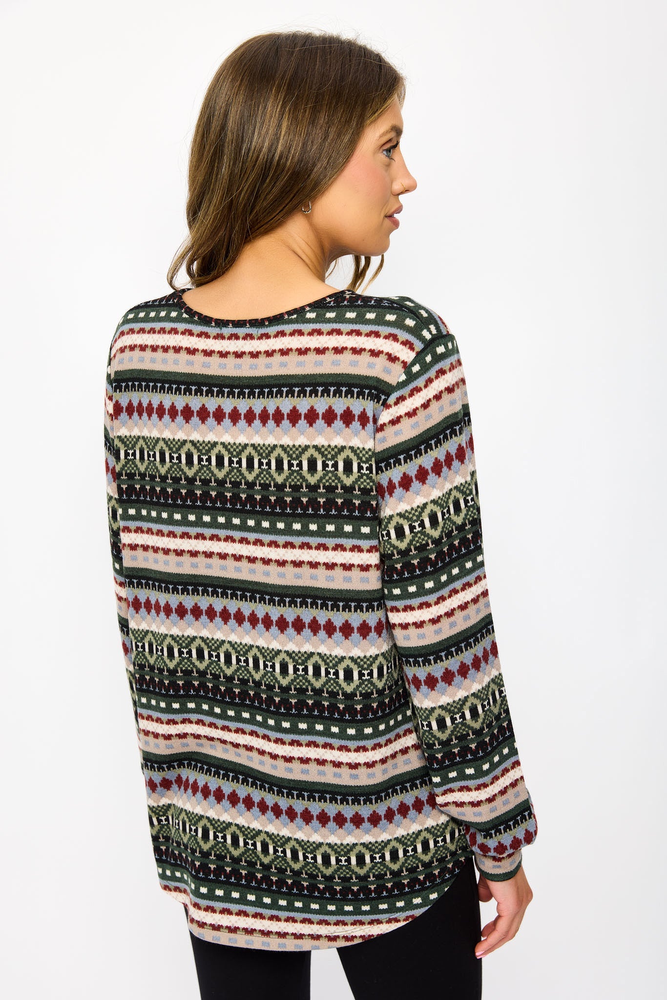 Fair Isle Hacci Crew-Neck Balloon Sleeve Sweater with Shirttail Hem