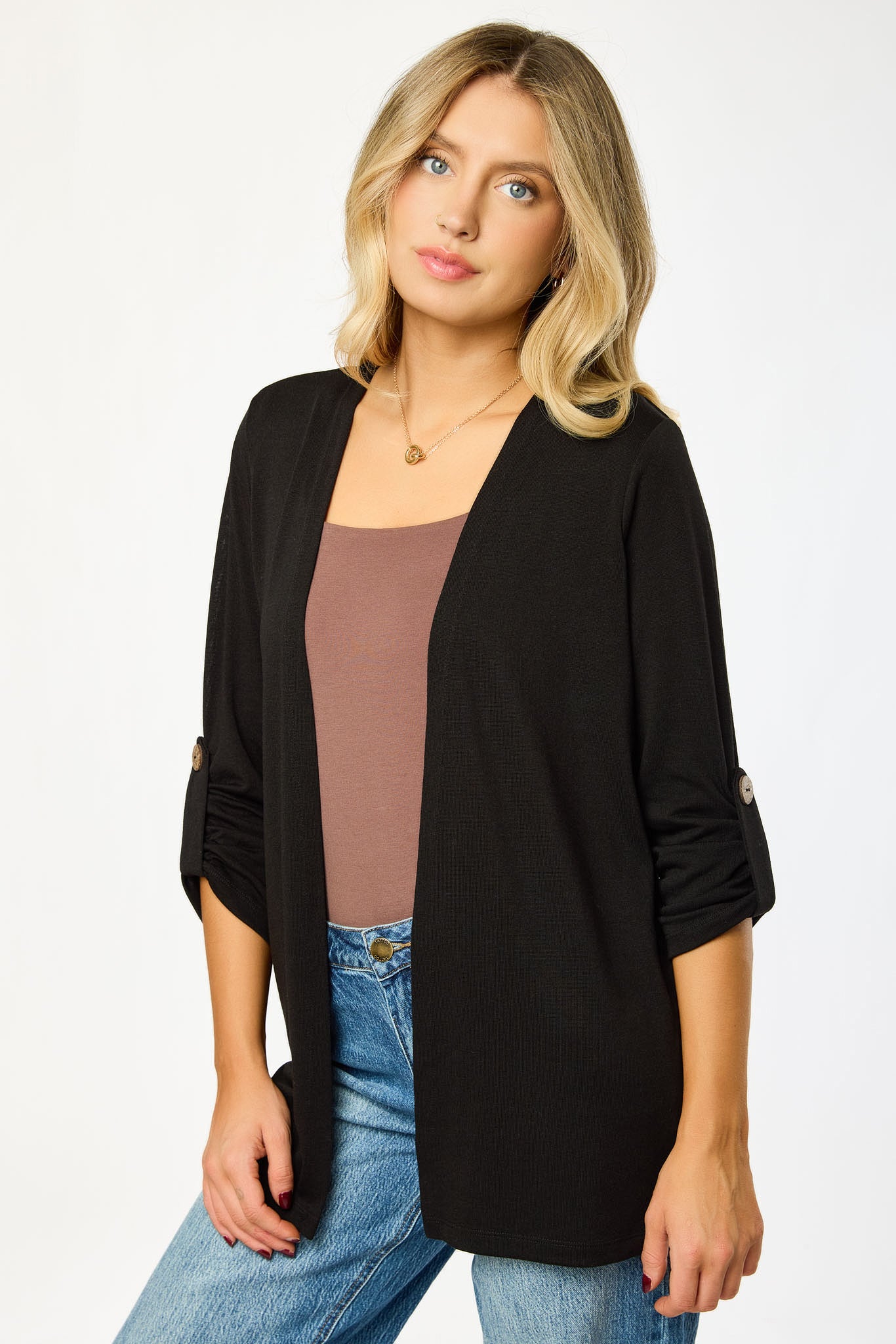 Hacci Open Cardigan with Roll-Up Sleeves and Side Slits