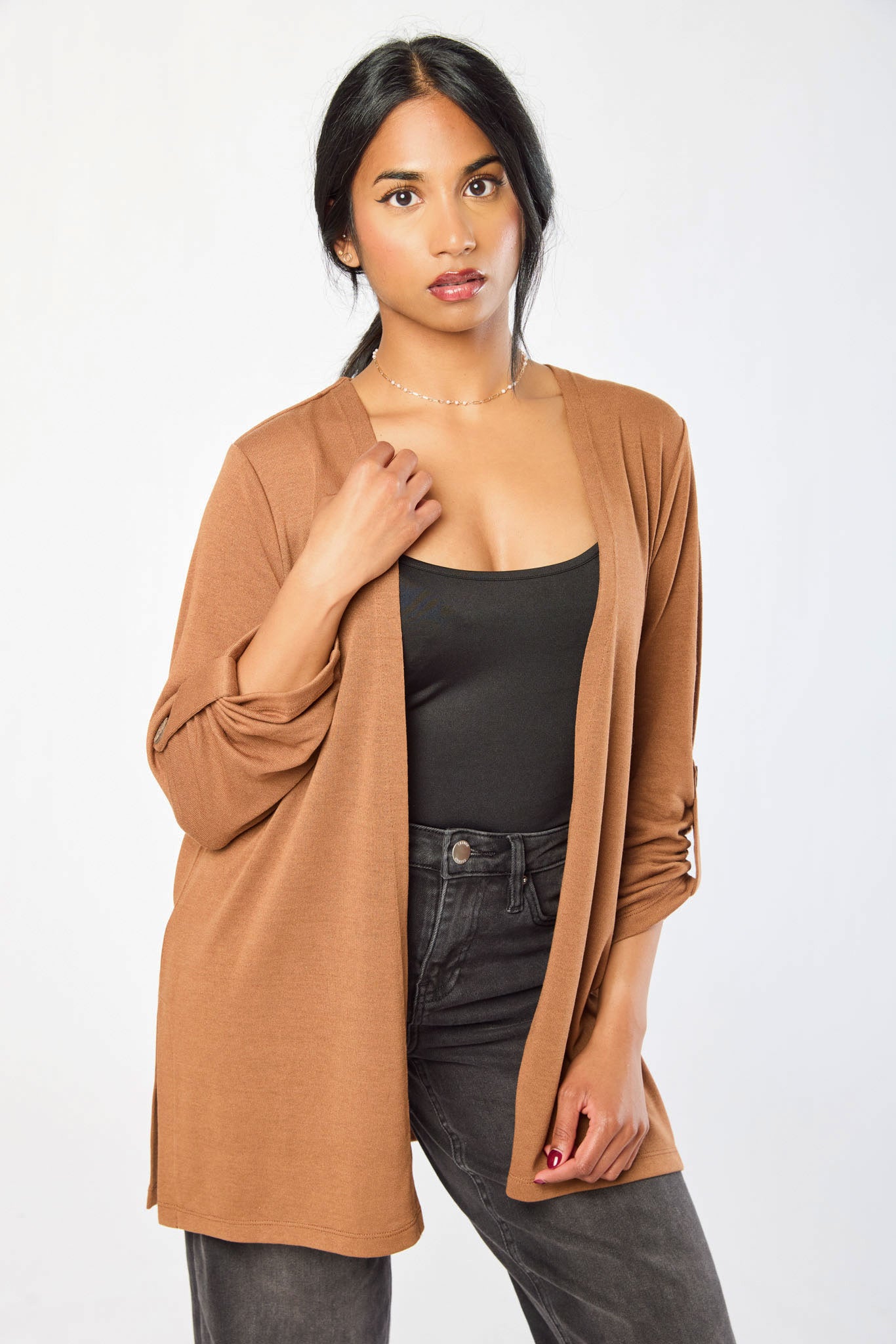 Hacci Open Cardigan with Roll-Up Sleeves and Side Slits