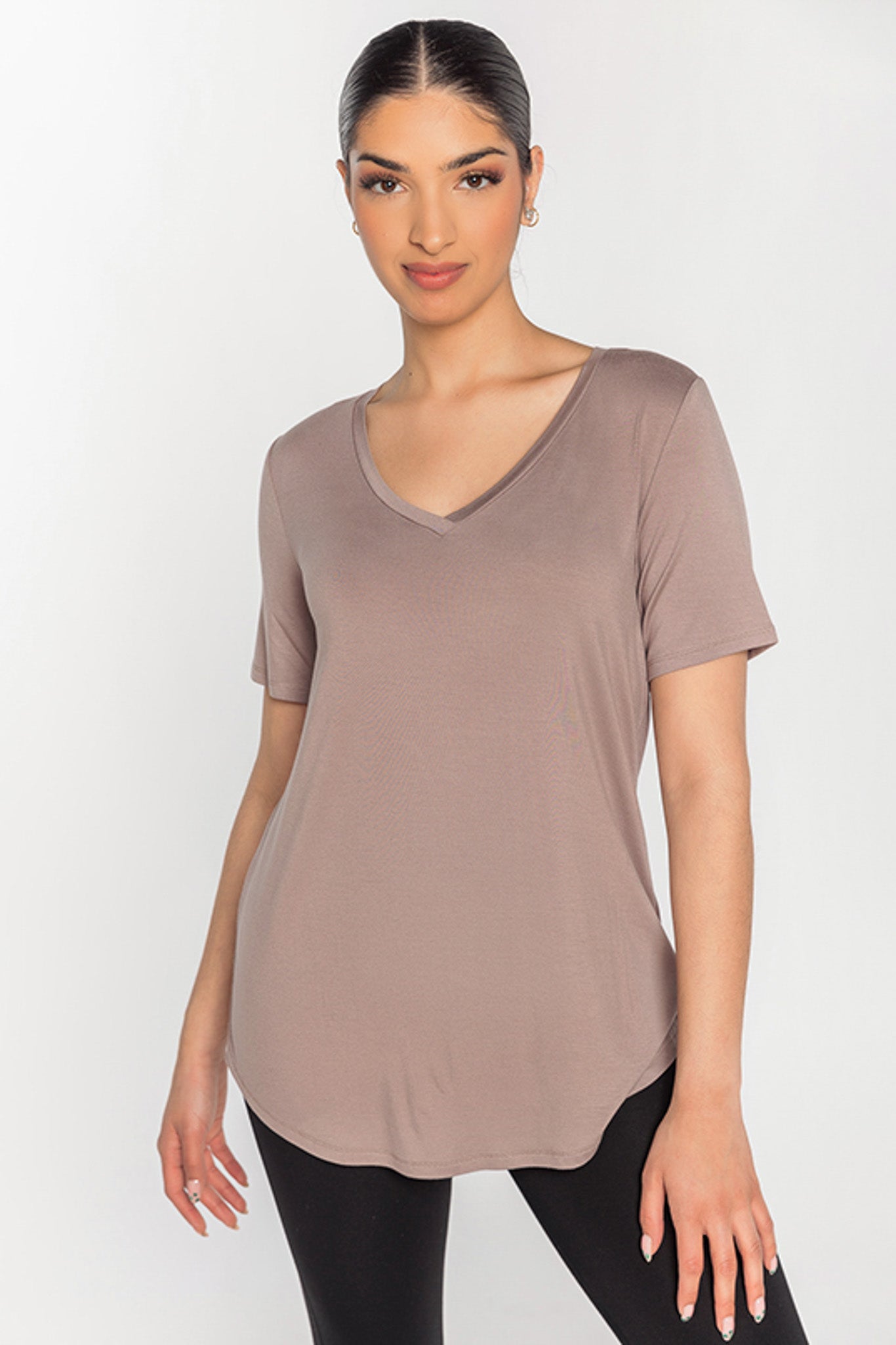 Short Sleeve V-Neck Tee with Shirttail Hem