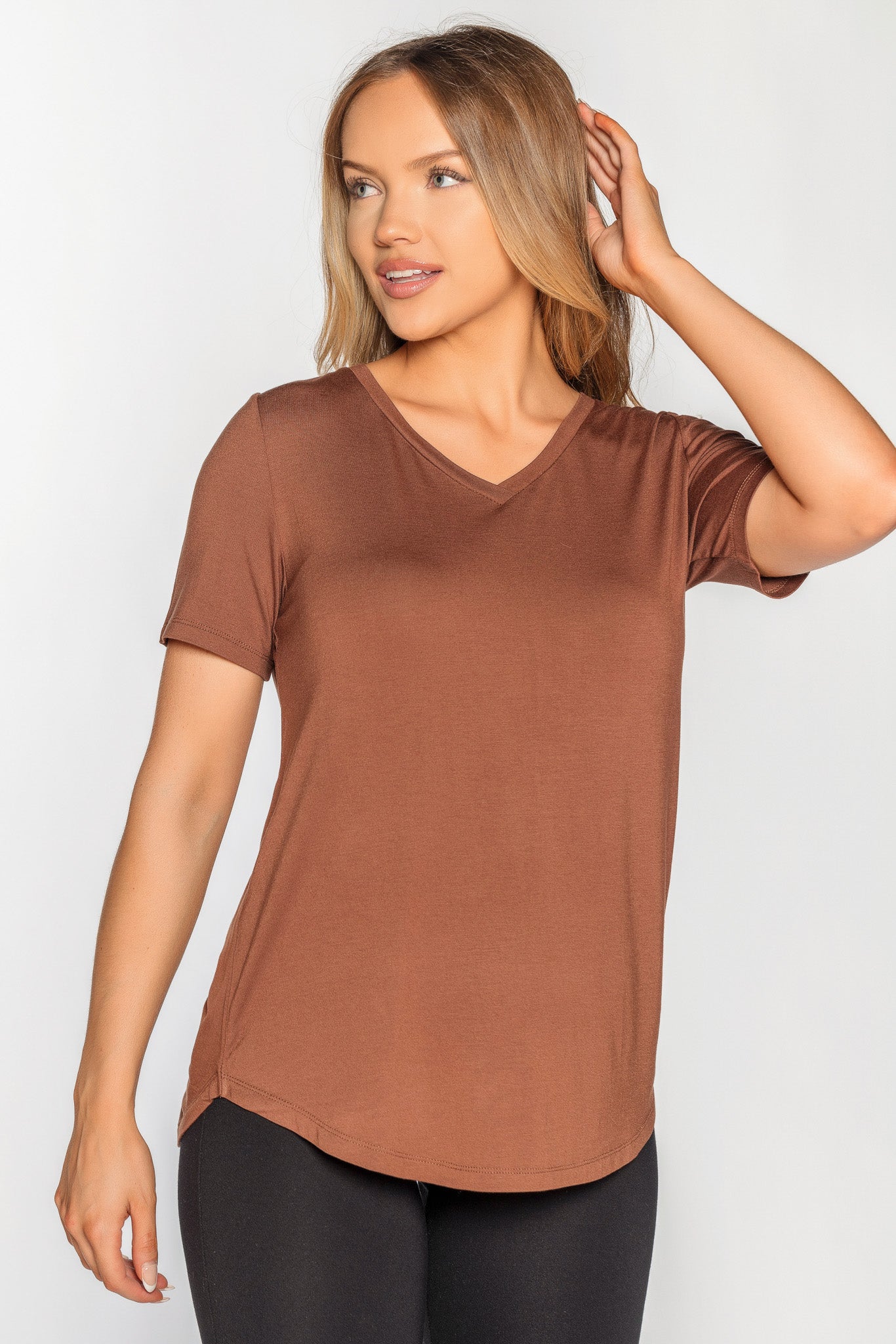 Short Sleeve V-Neck Tee with Shirttail Hem