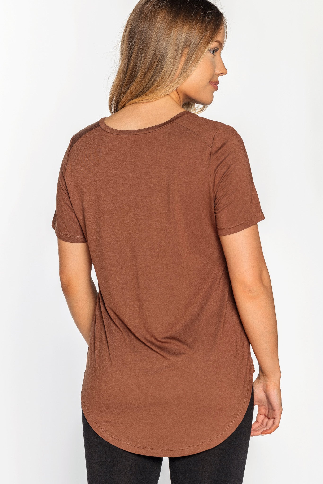 Short Sleeve V-Neck Tee with Shirttail Hem