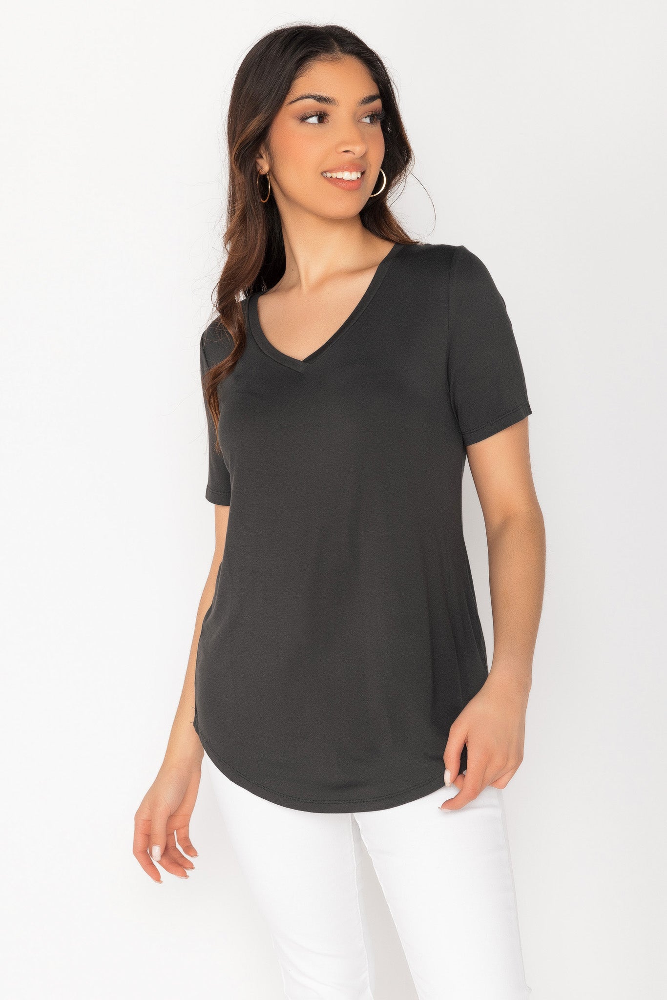 Short Sleeve V-Neck Tee with Shirttail Hem