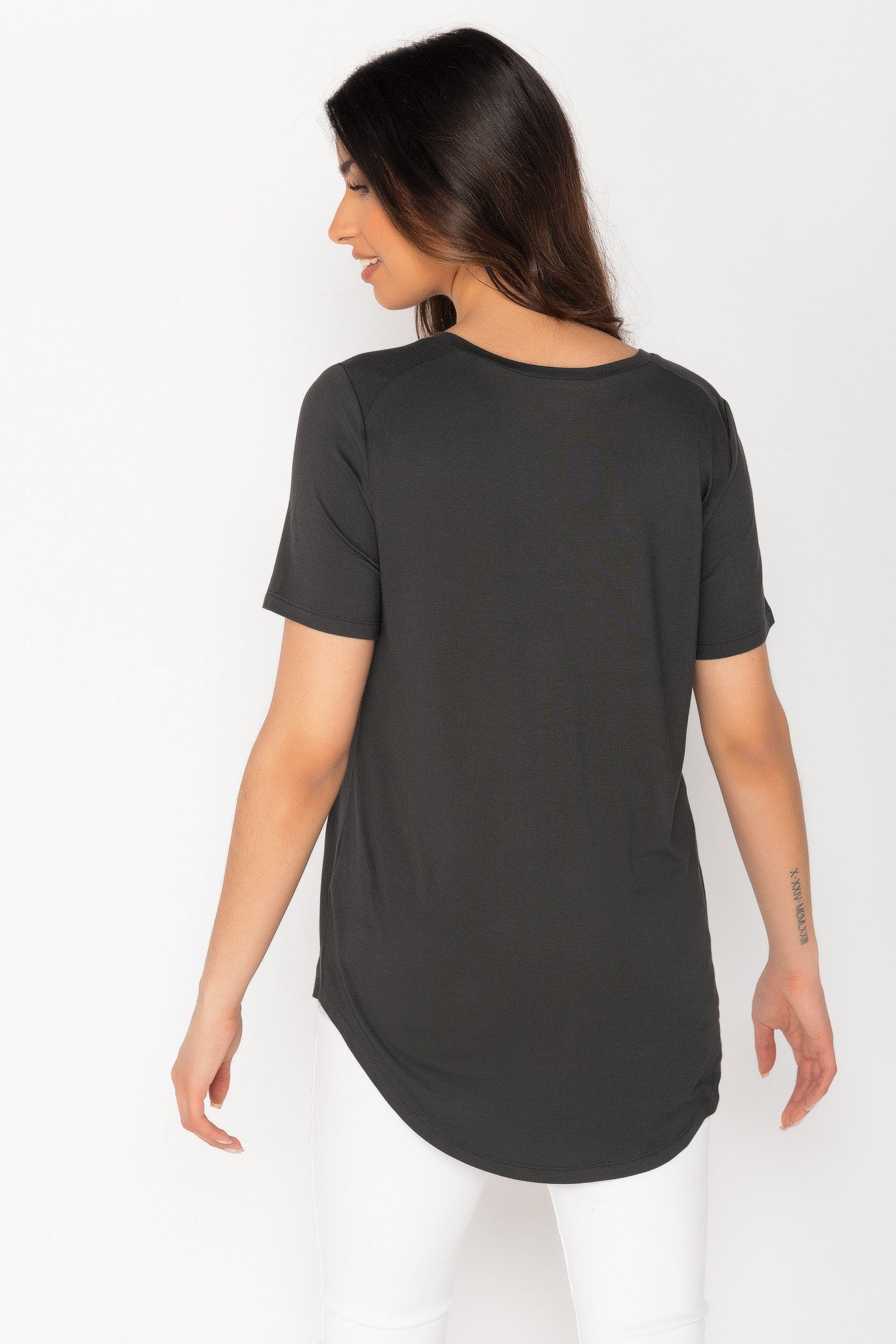 Short Sleeve V-Neck Tee with Shirttail Hem