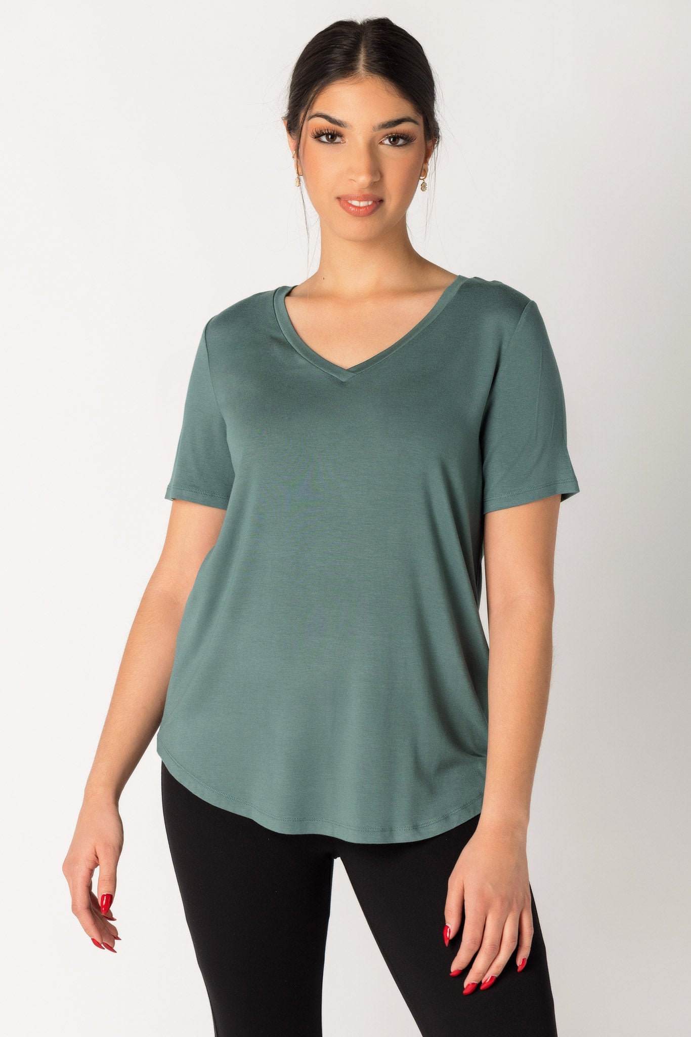 Short Sleeve V-Neck Tee with Shirttail Hem