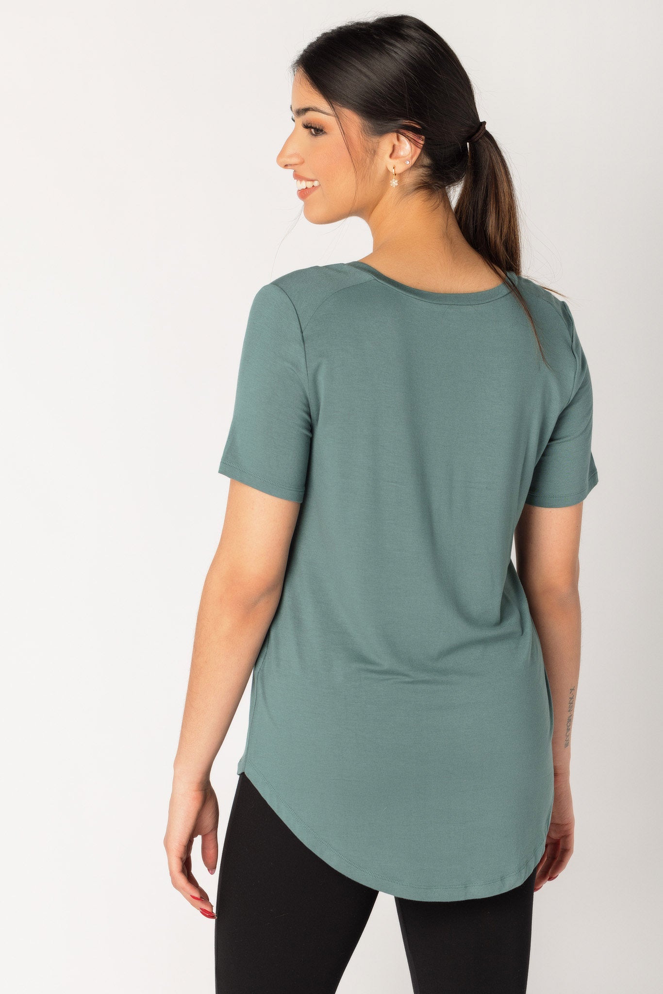 Short Sleeve V-Neck Tee with Shirttail Hem