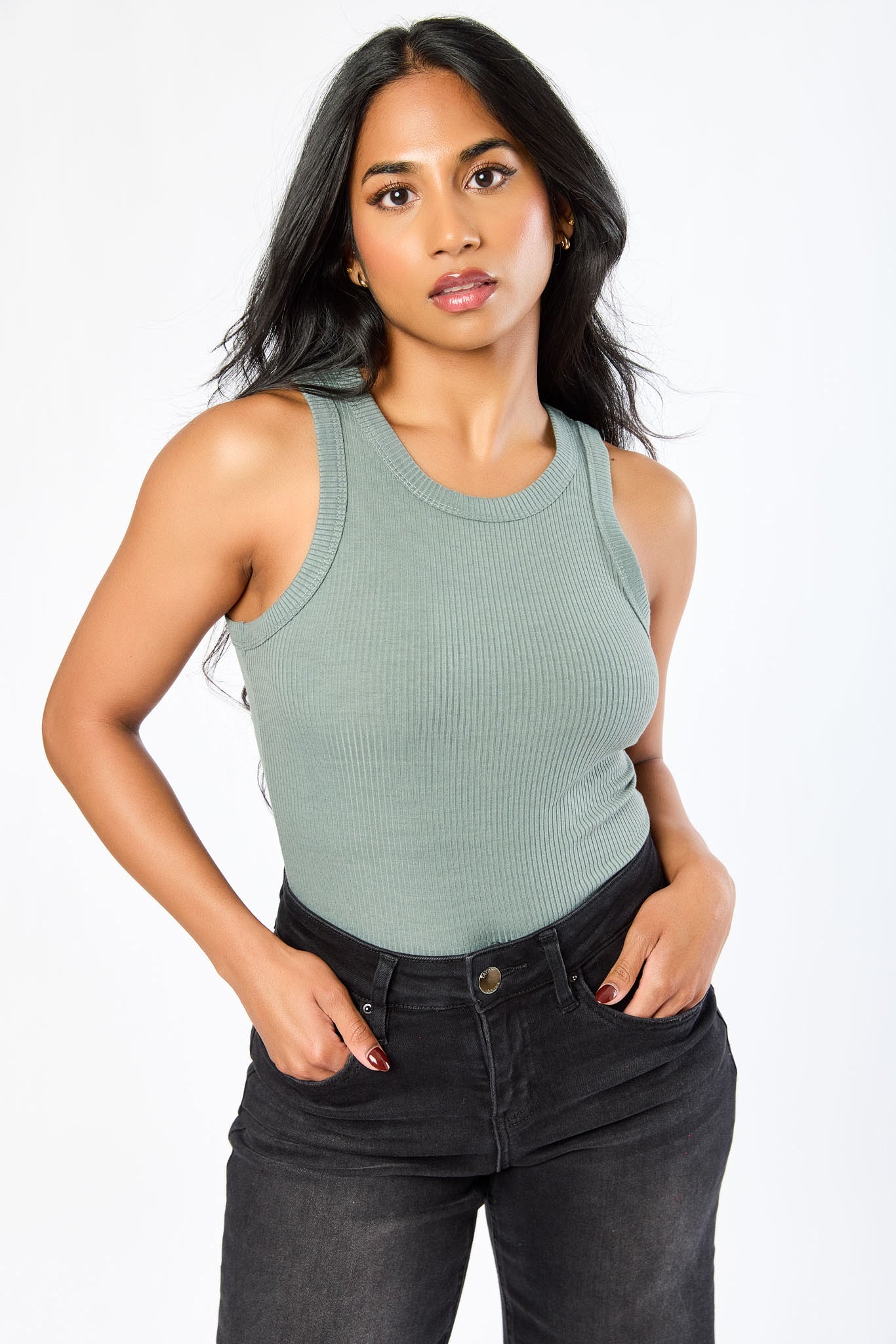 Ribbed High-Neck Long-Length Tank Top