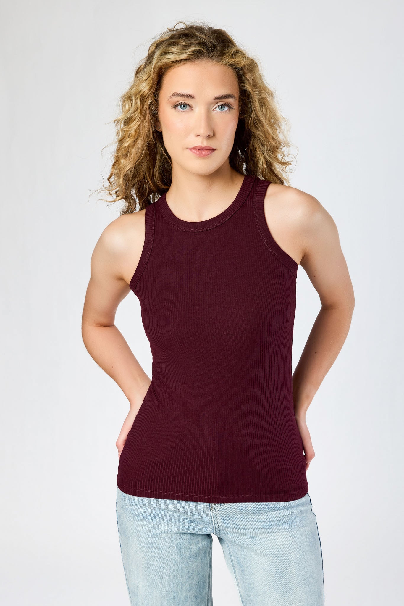 Ribbed High-Neck Long-Length Tank Top