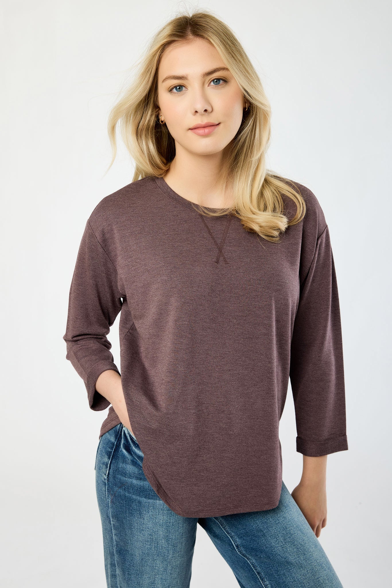 French Terry Crew-Neck 3/4 Sleeve Sweatshirt with Side Slits