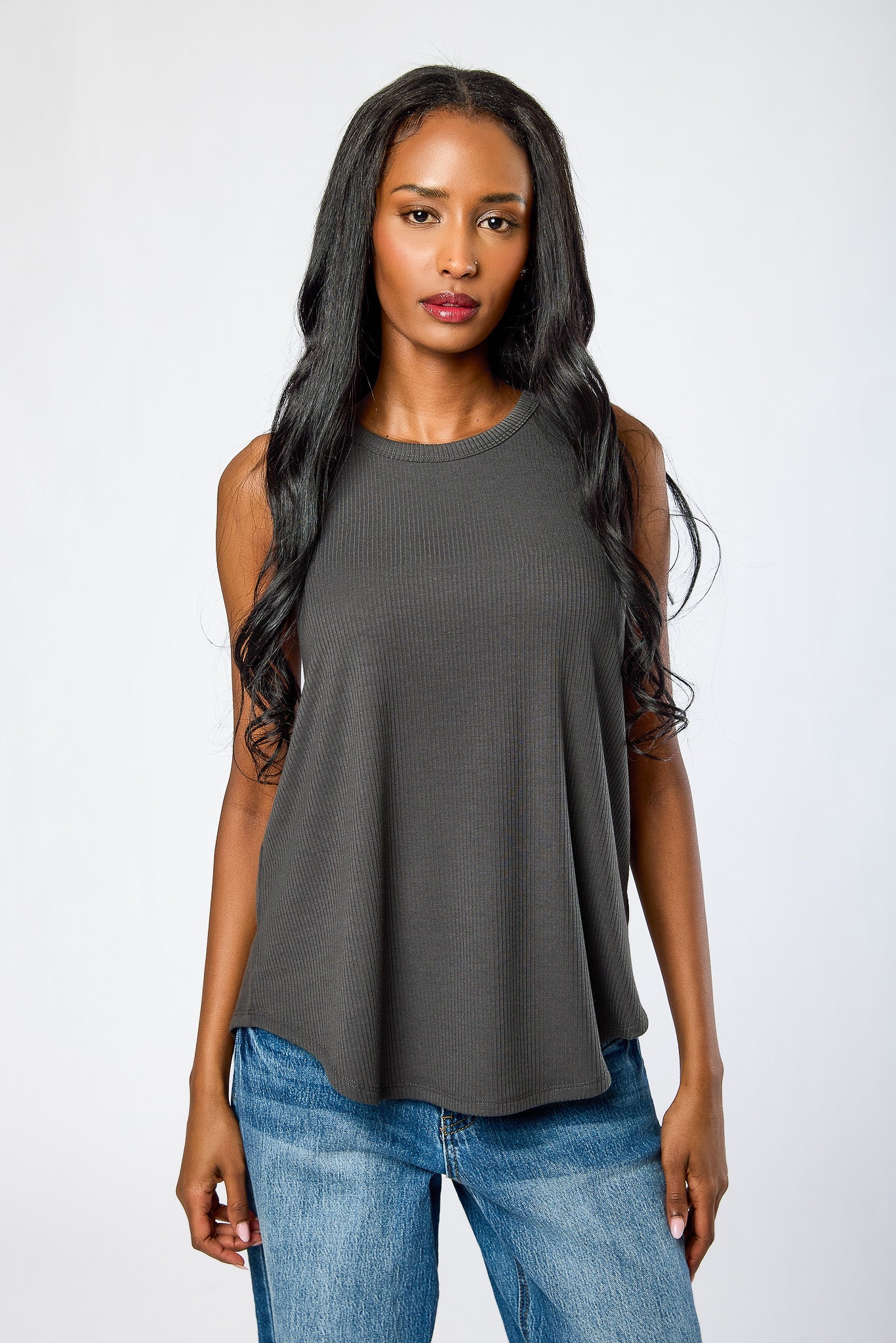 Ribbed Crew-Neck Sleeveless Swing Tunic