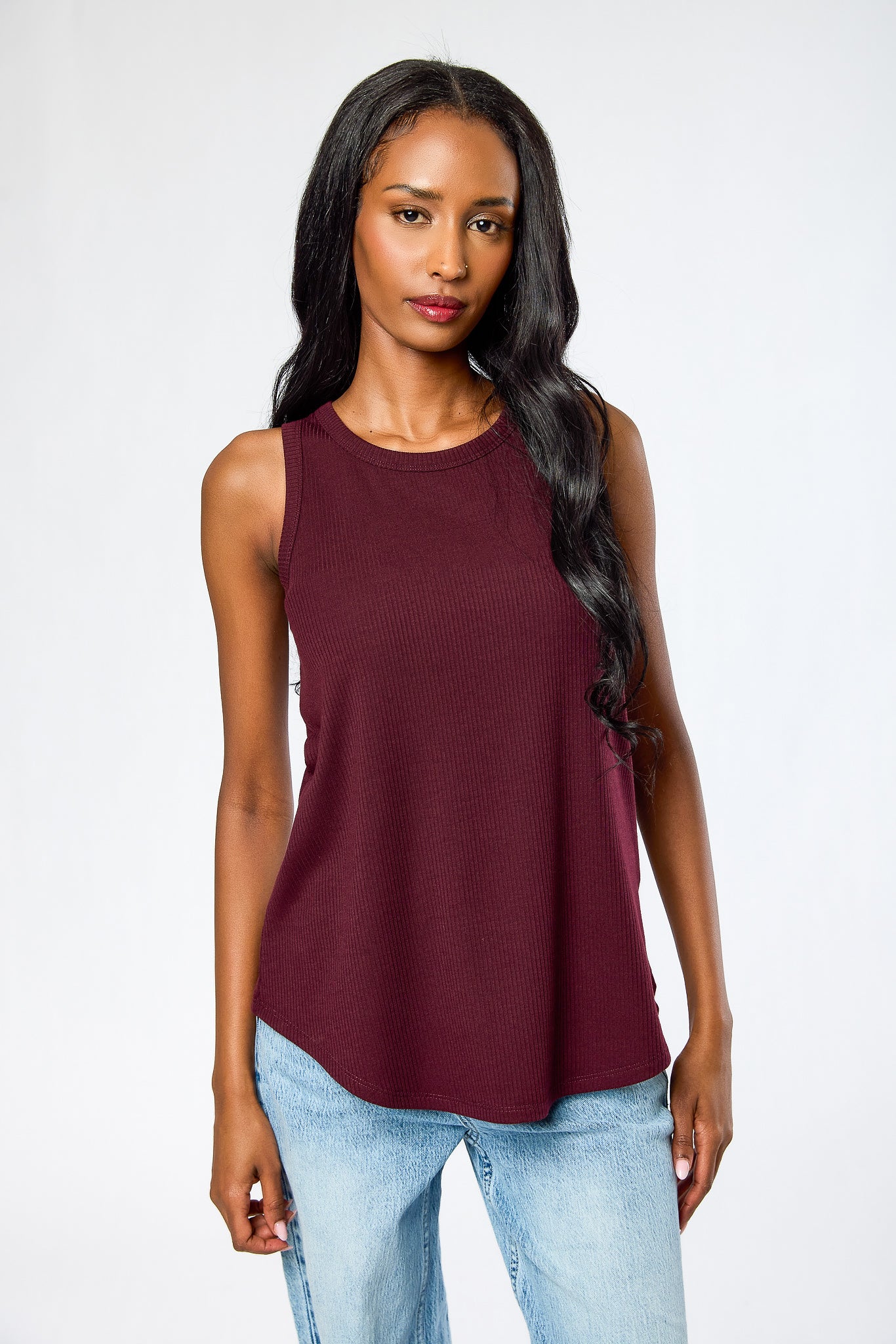 Ribbed Crew-Neck Sleeveless Swing Tunic