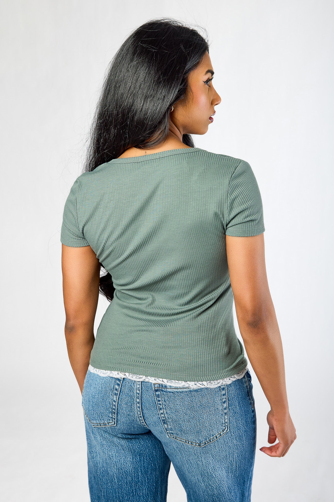 Ribbed Lace-Trim Henley Top
