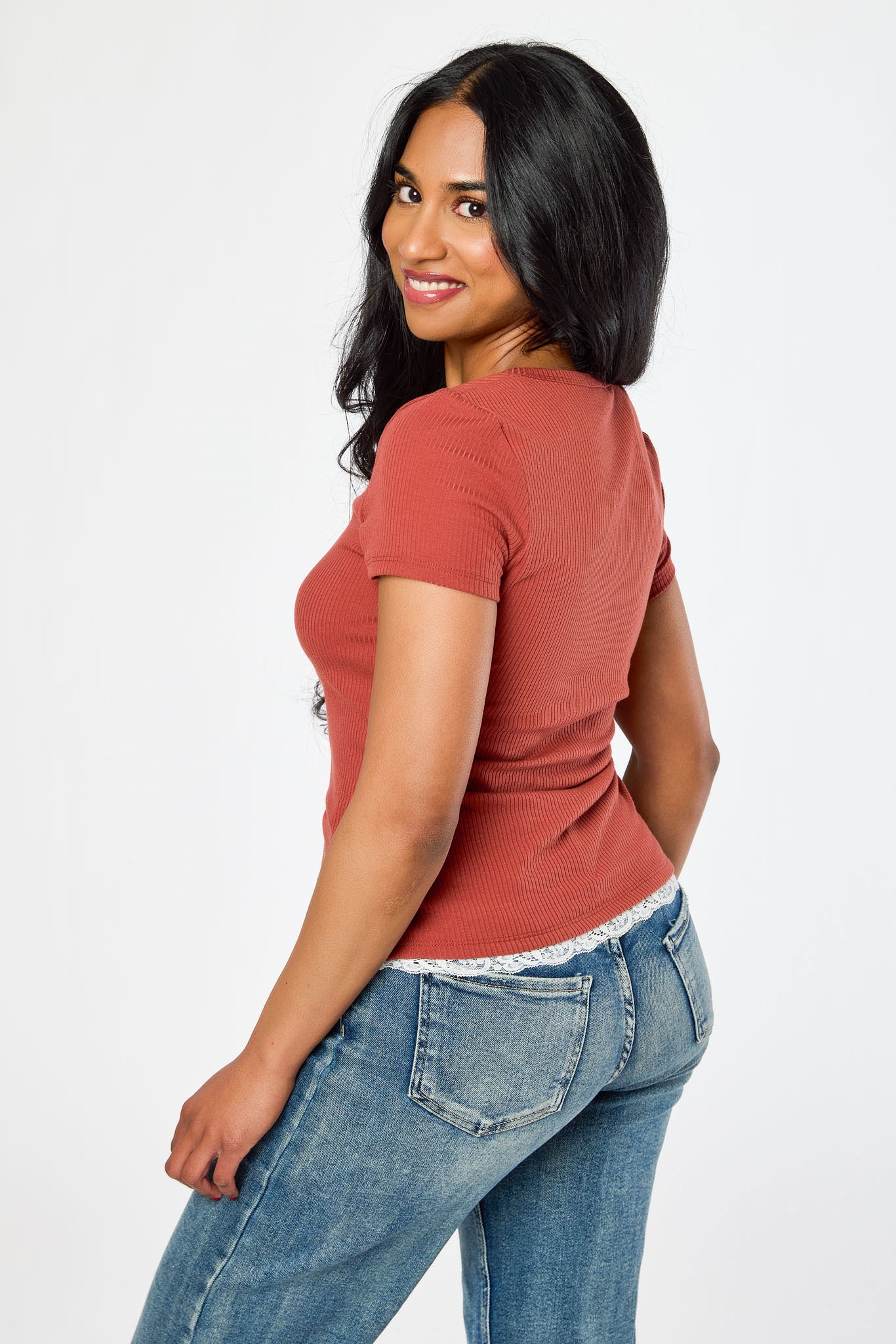 Ribbed Lace-Trim Henley Top