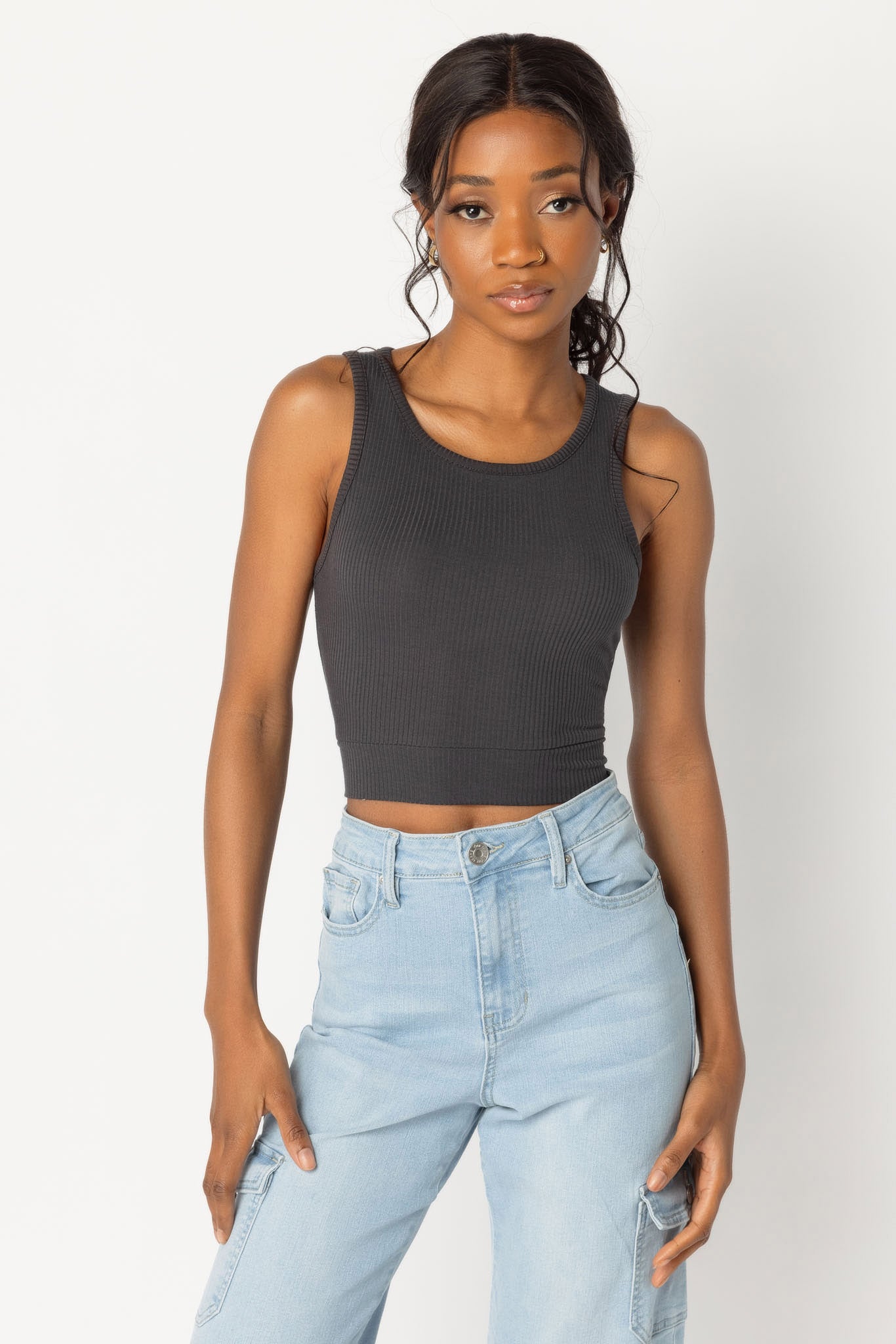 Ribbed Sleeveless Crop Top with Open Tie-Back