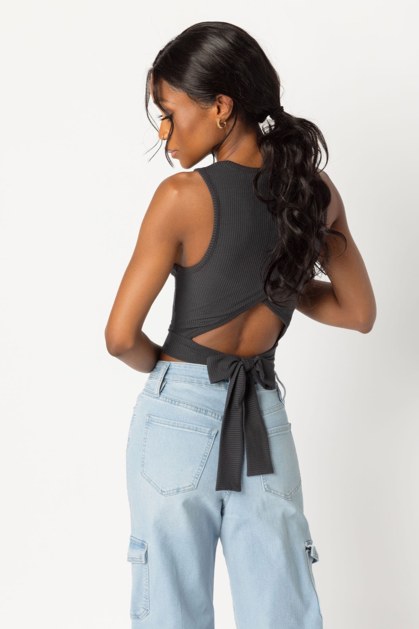 Ribbed Sleeveless Crop Top with Open Tie-Back
