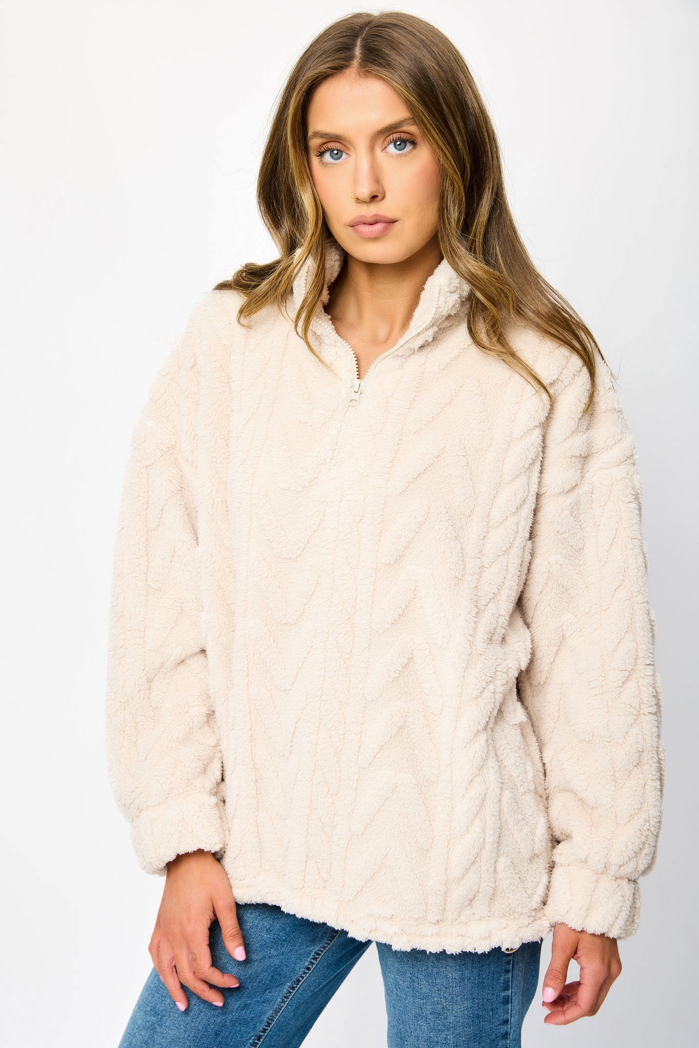 Cable Embossed Sherpa Quarter Zip Sweatshirt