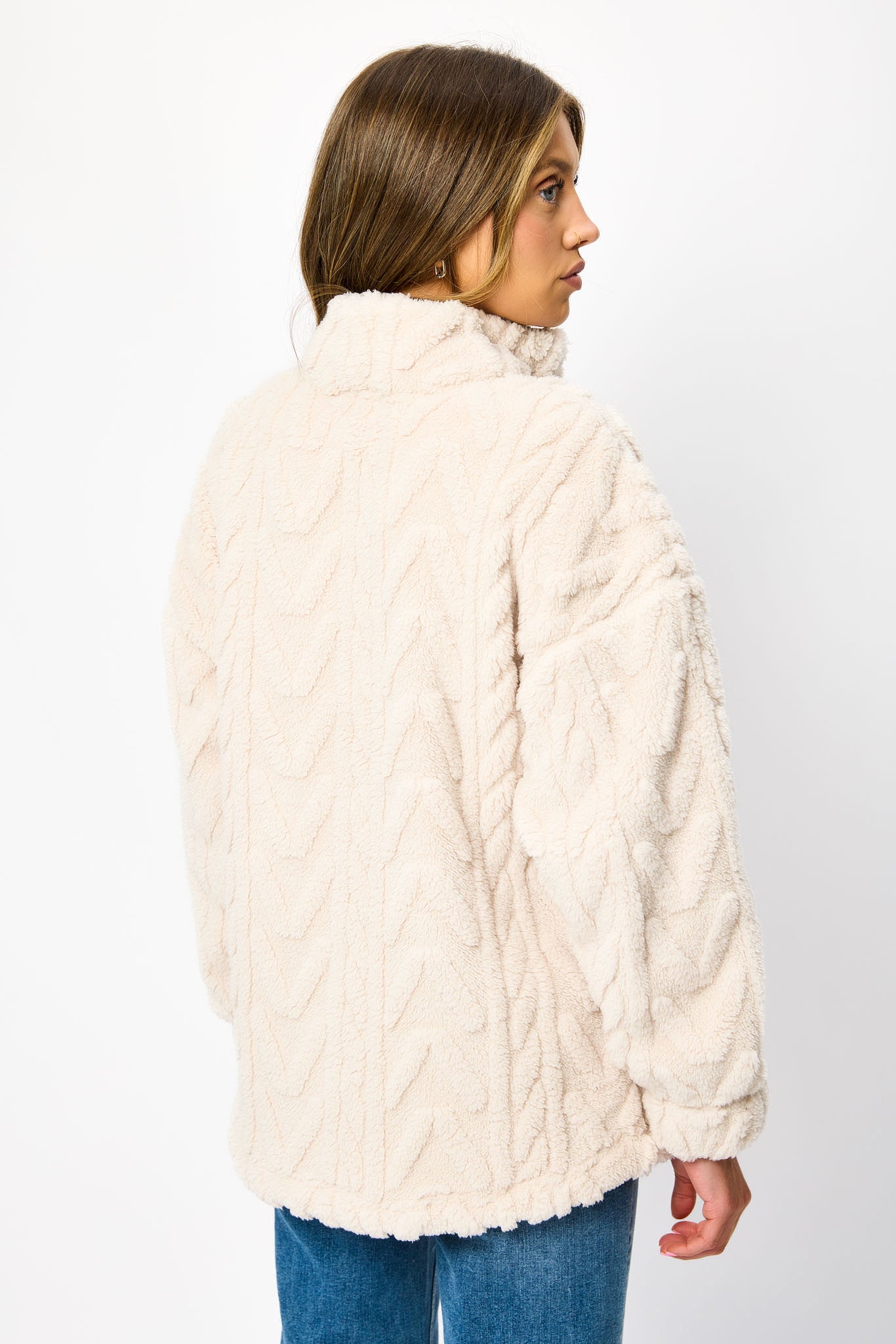 Cable Embossed Sherpa Quarter Zip Sweatshirt