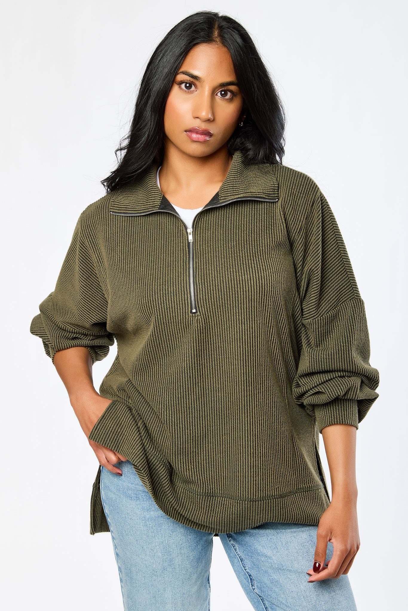 Oversized Cozy Rib Quarter Zip Top