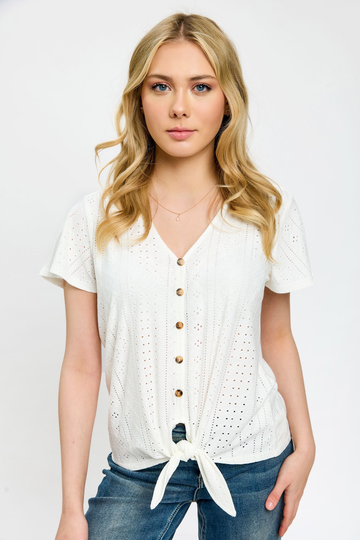 Eyelet-Knit Short-Sleeve Tie-Front Top