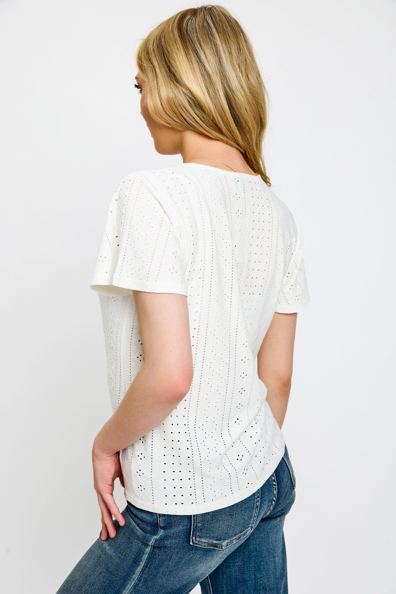 Eyelet-Knit Short-Sleeve Tie-Front Top