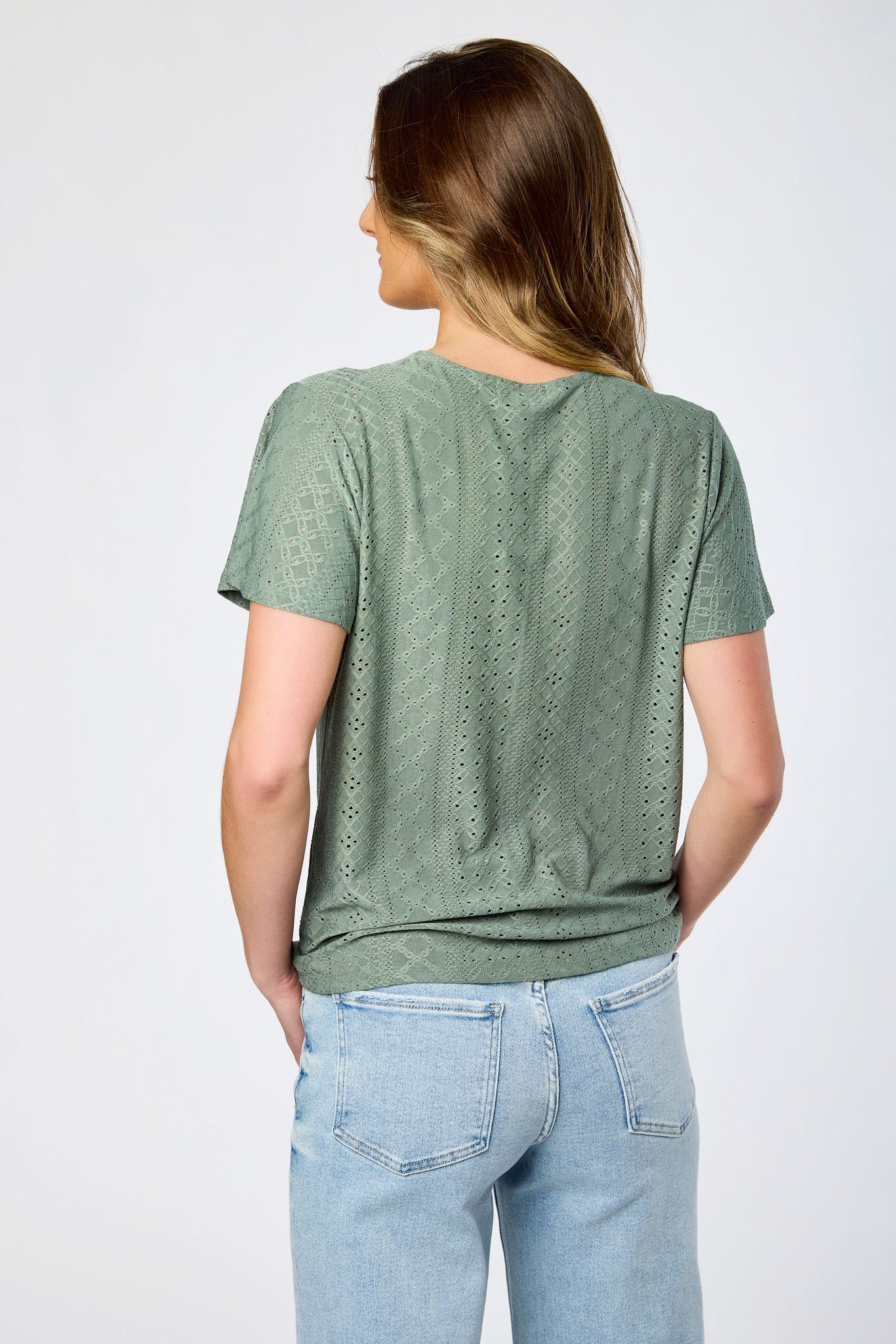 Eyelet-Knit Short-Sleeve Tie-Front Top
