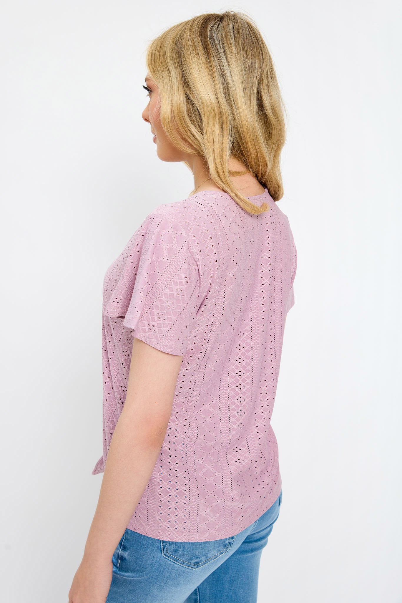 Eyelet-Knit Short-Sleeve Tie-Front Top