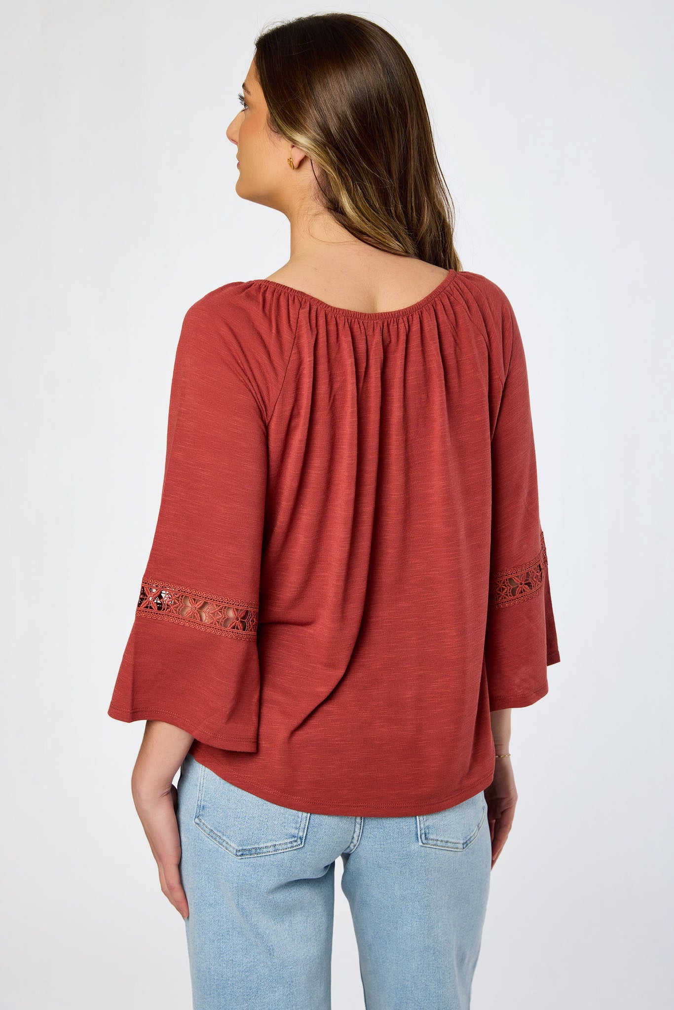 Long-Sleeve Blouse with Lace Trim and Tie Detail