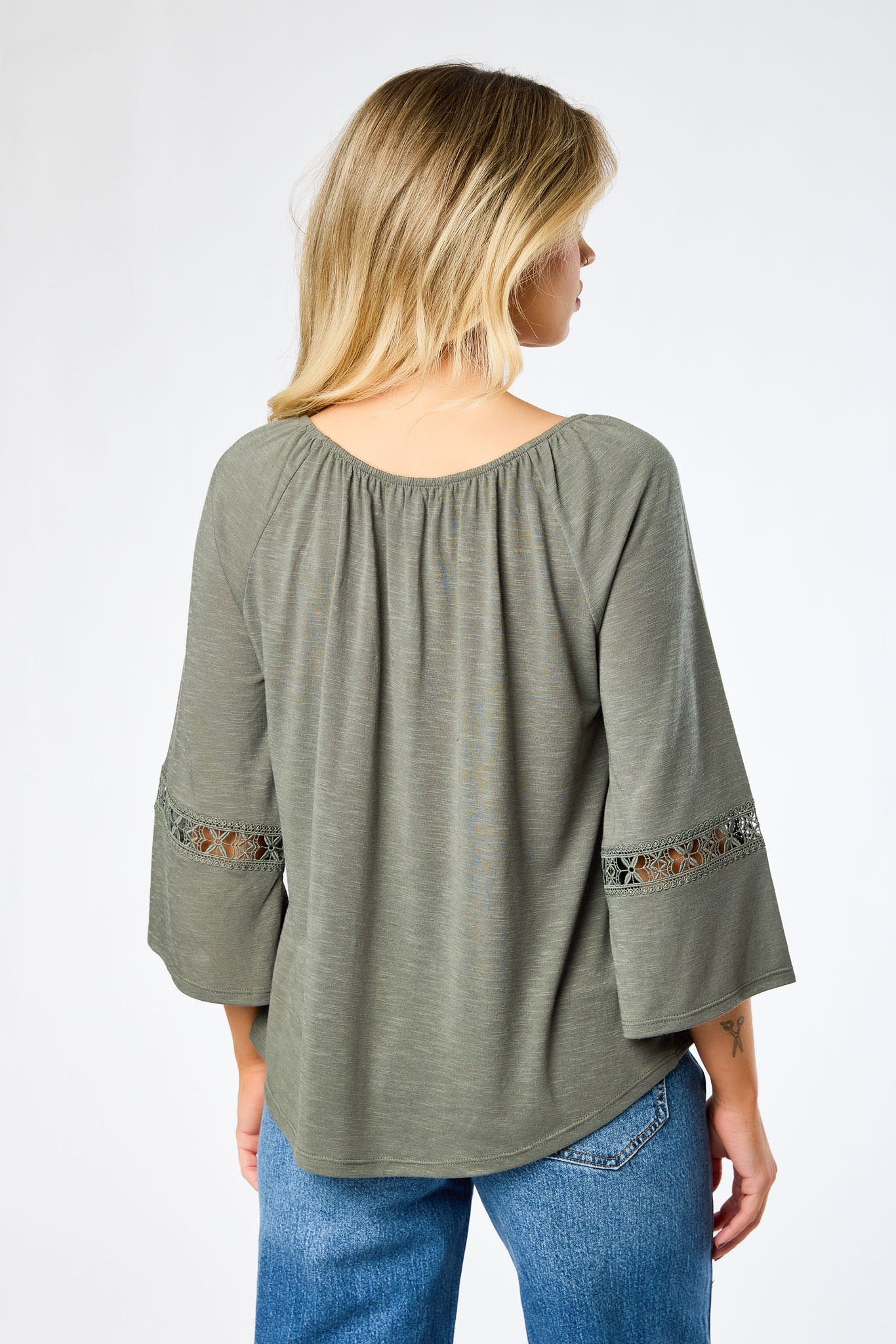 Long-Sleeve Blouse with Lace Trim and Tie Detail