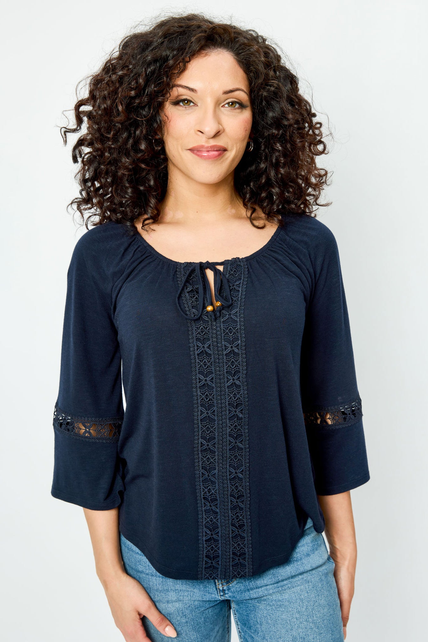 Long-Sleeve Blouse with Lace Trim and Tie Detail