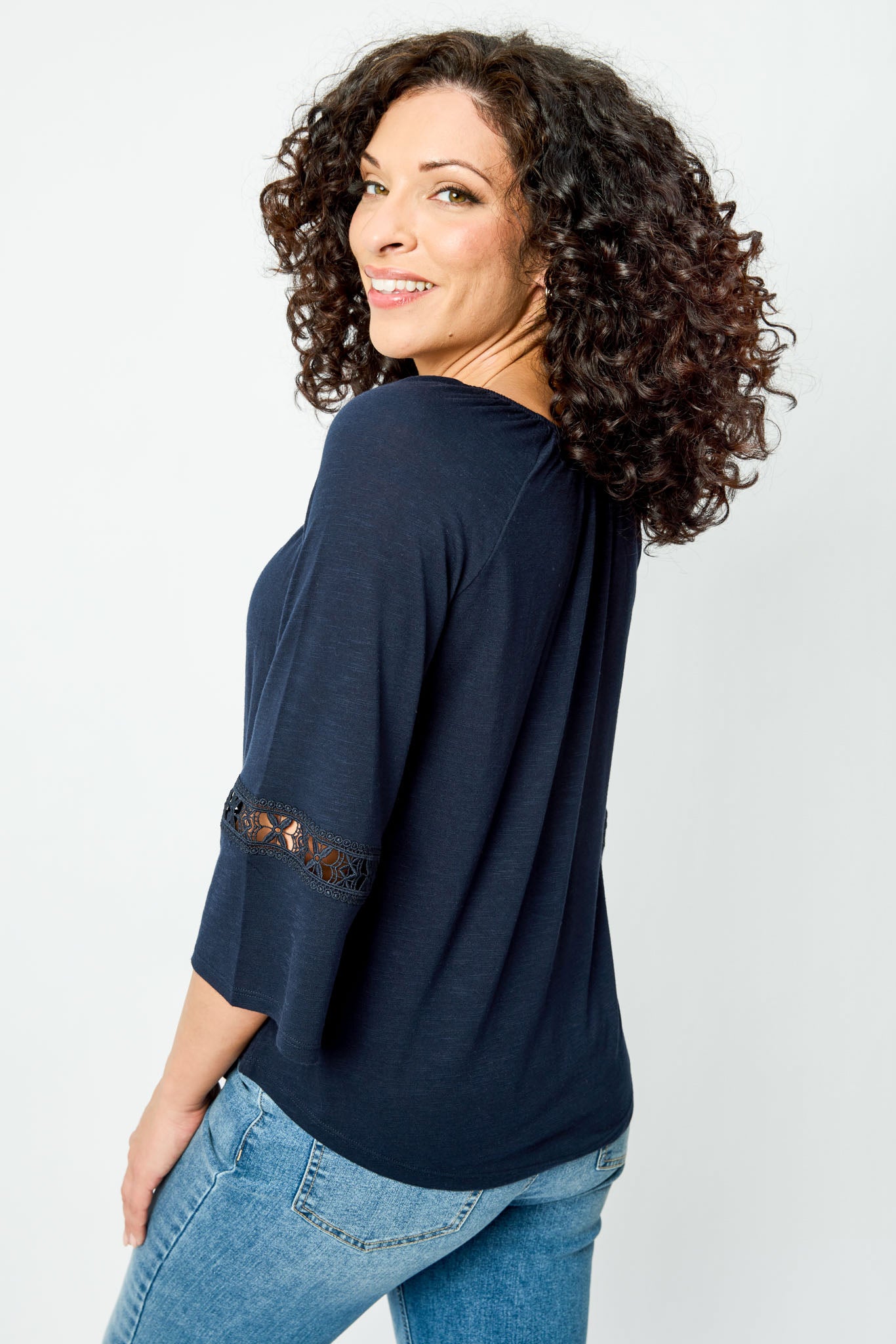 Long-Sleeve Blouse with Lace Trim and Tie Detail