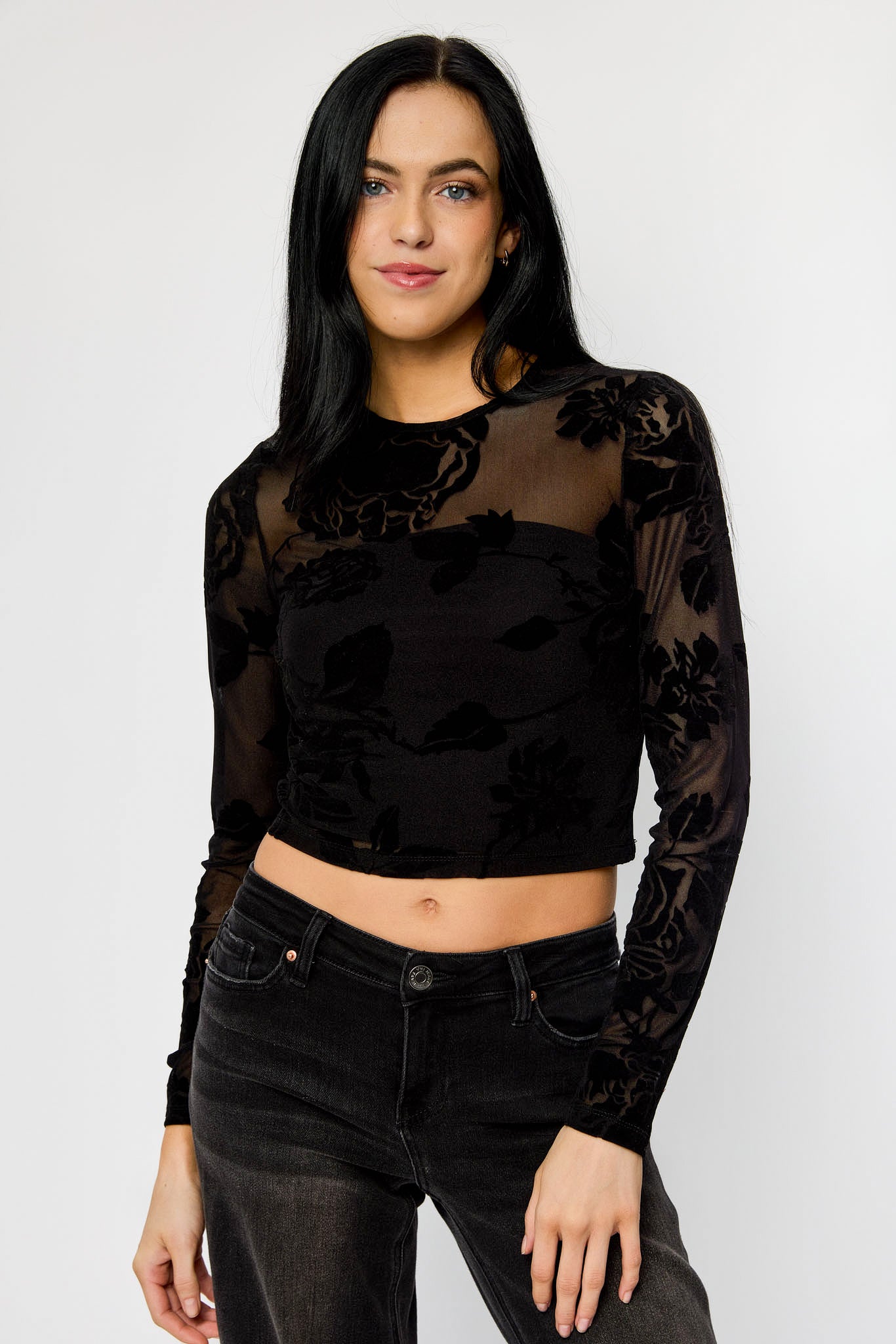 Flocked Floral Crew-Neck Long-Sleeve Cropped Mesh Top