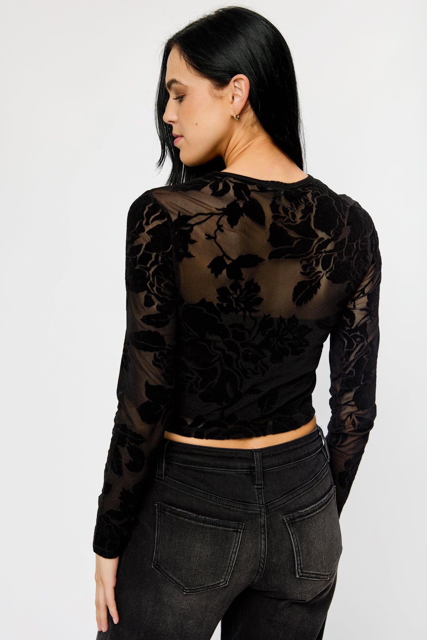 Flocked Floral Crew-Neck Long-Sleeve Cropped Mesh Top