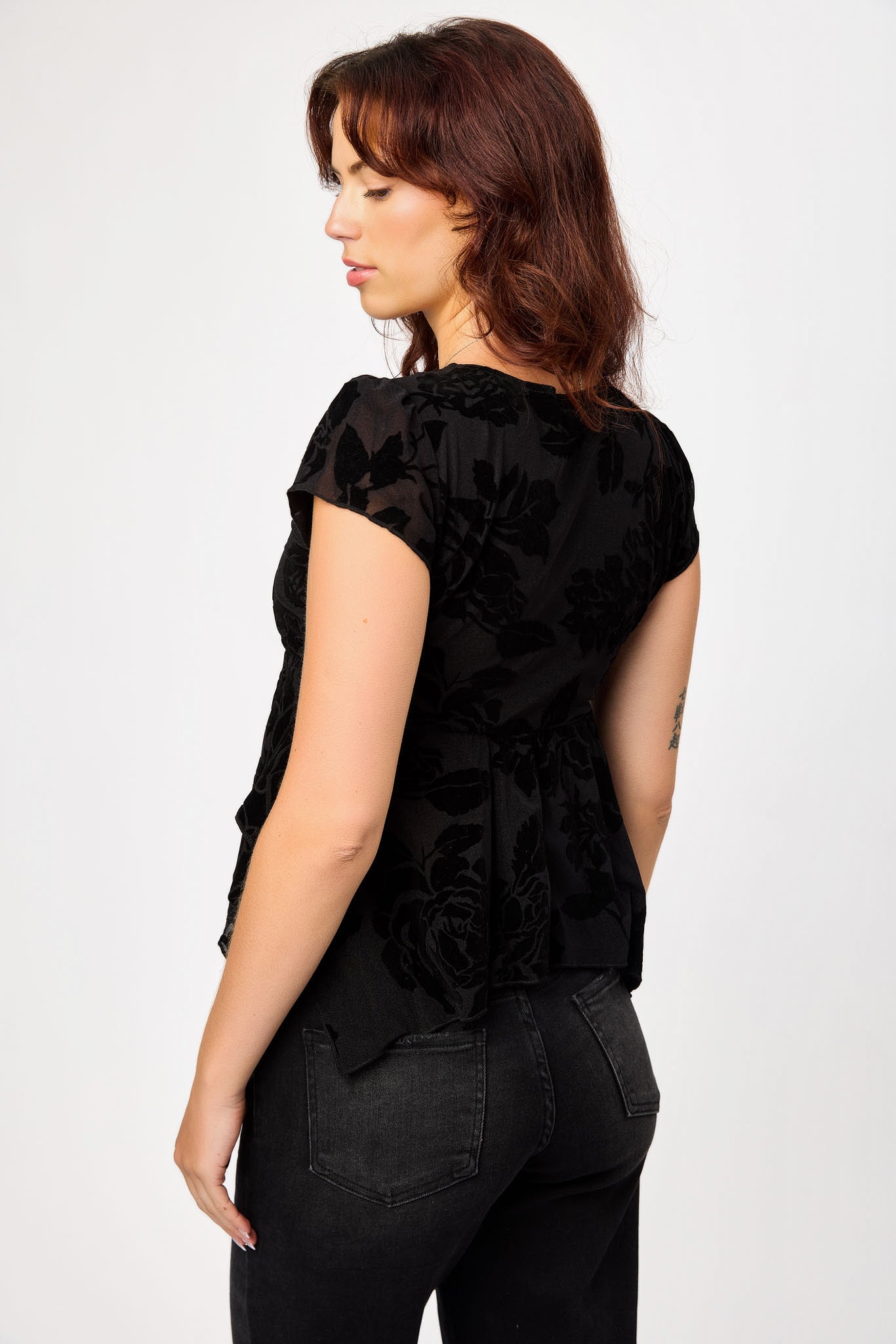 Flocked Floral V-Neck Cap-Sleeve Mesh Handkerchief Top