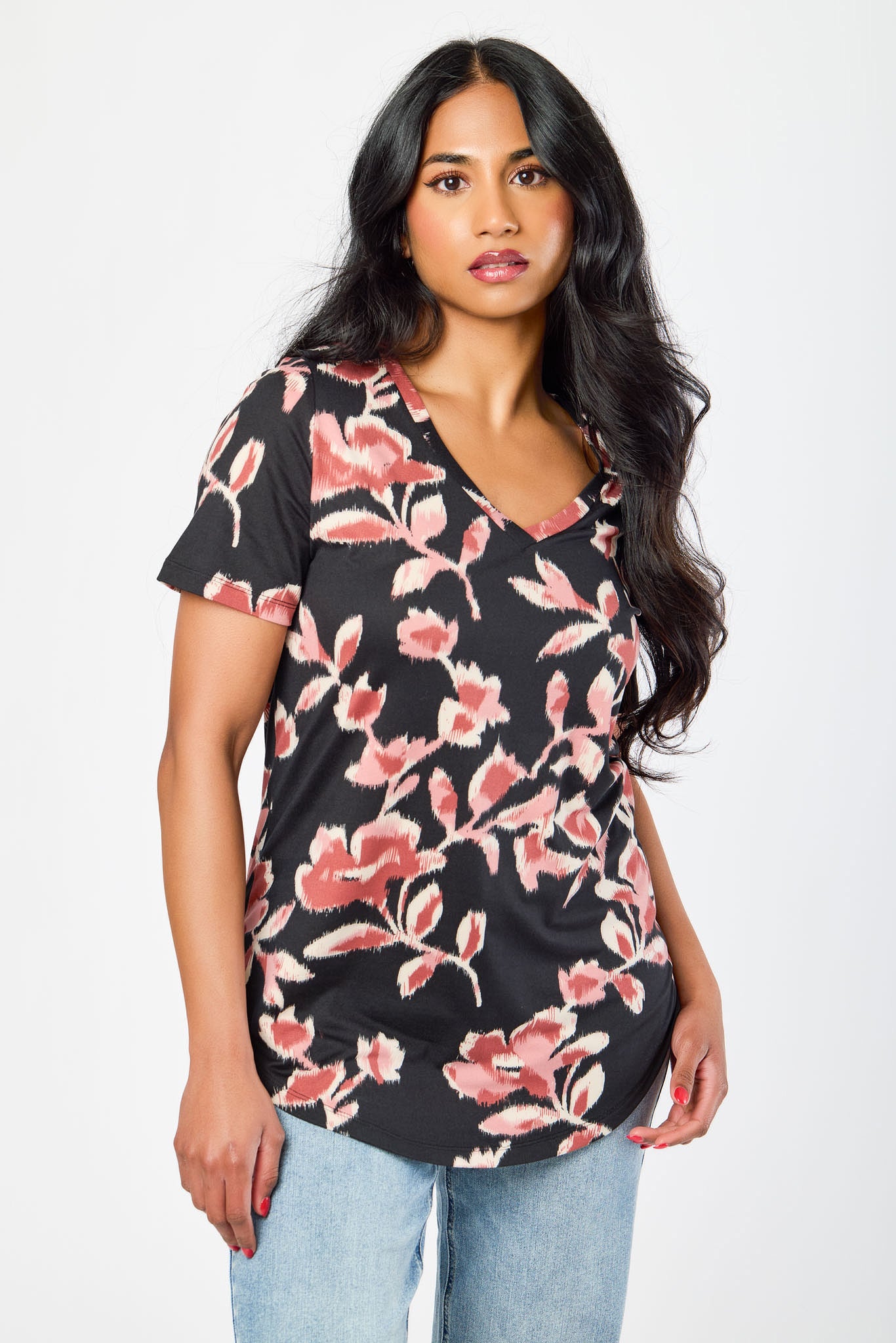 Floral V-Neck Short-Sleeve Brushed Top