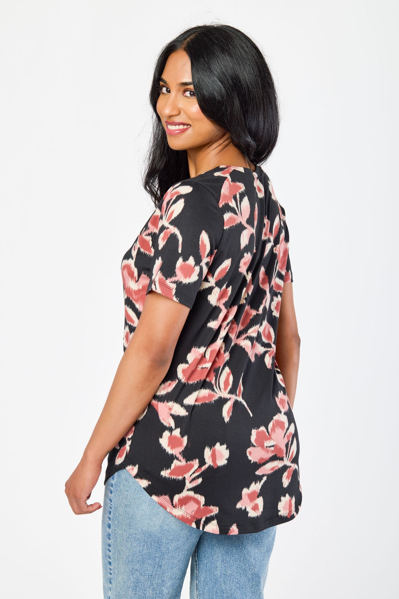 Floral V-Neck Short-Sleeve Brushed Top