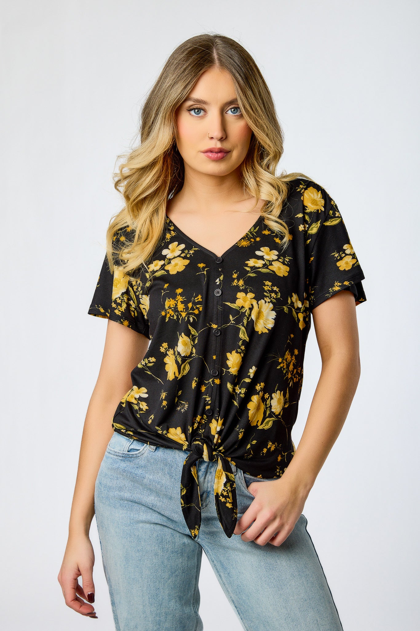 Brushed Floral V-Neck Flutter-Sleeve Top with Tie-Front
