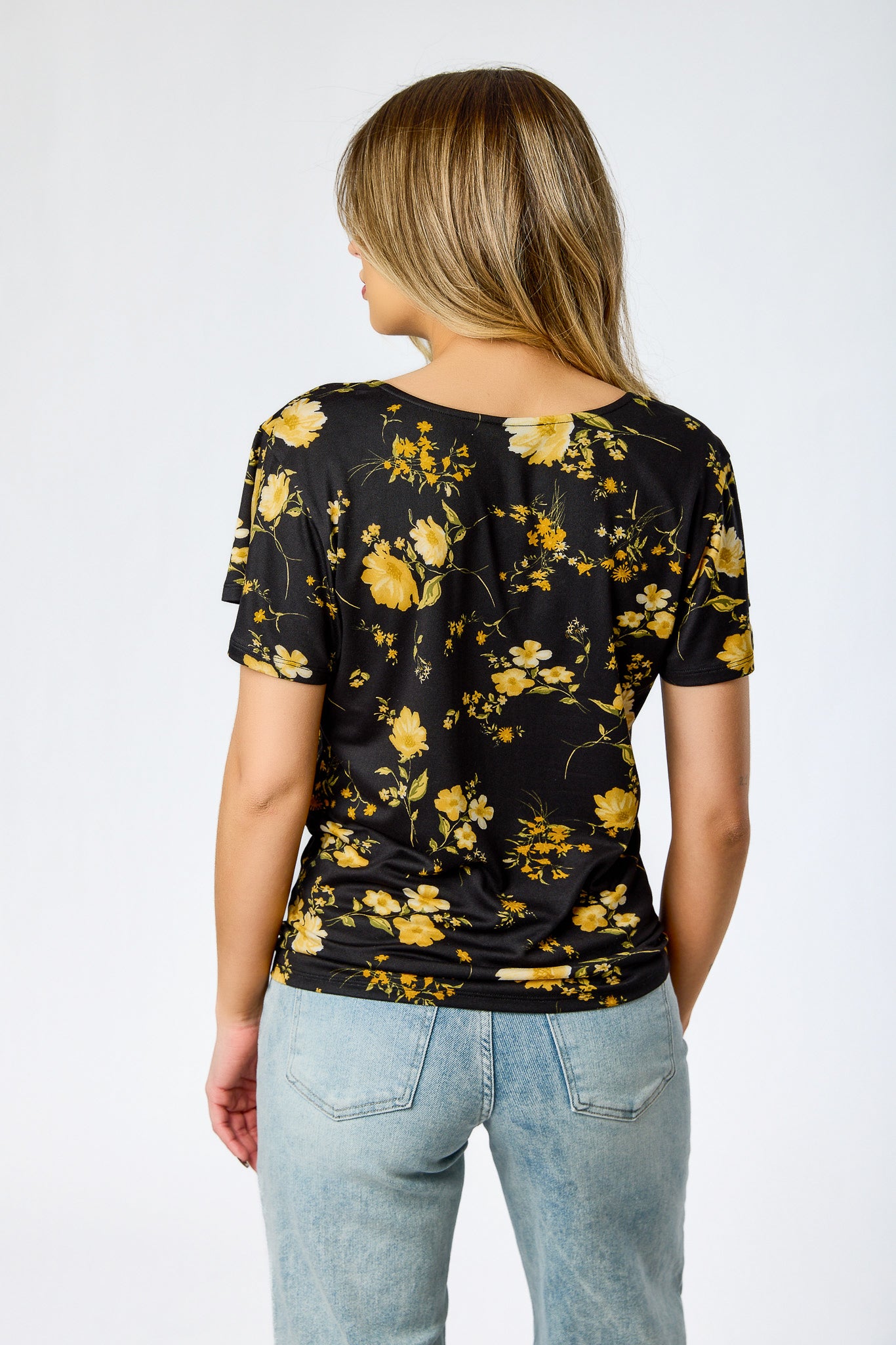 Brushed Floral V-Neck Flutter-Sleeve Top with Tie-Front