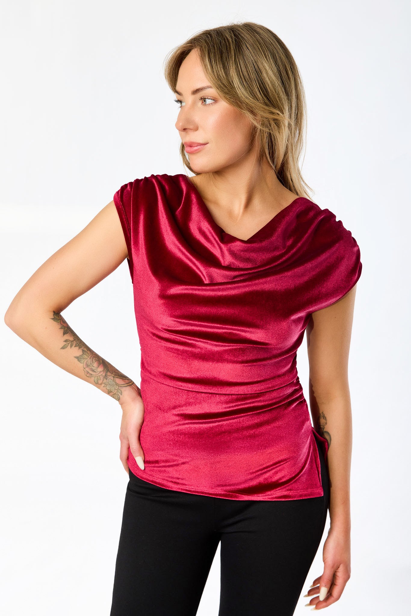 Stretch Velvet Cowl-Neck Cap-Sleeve Top