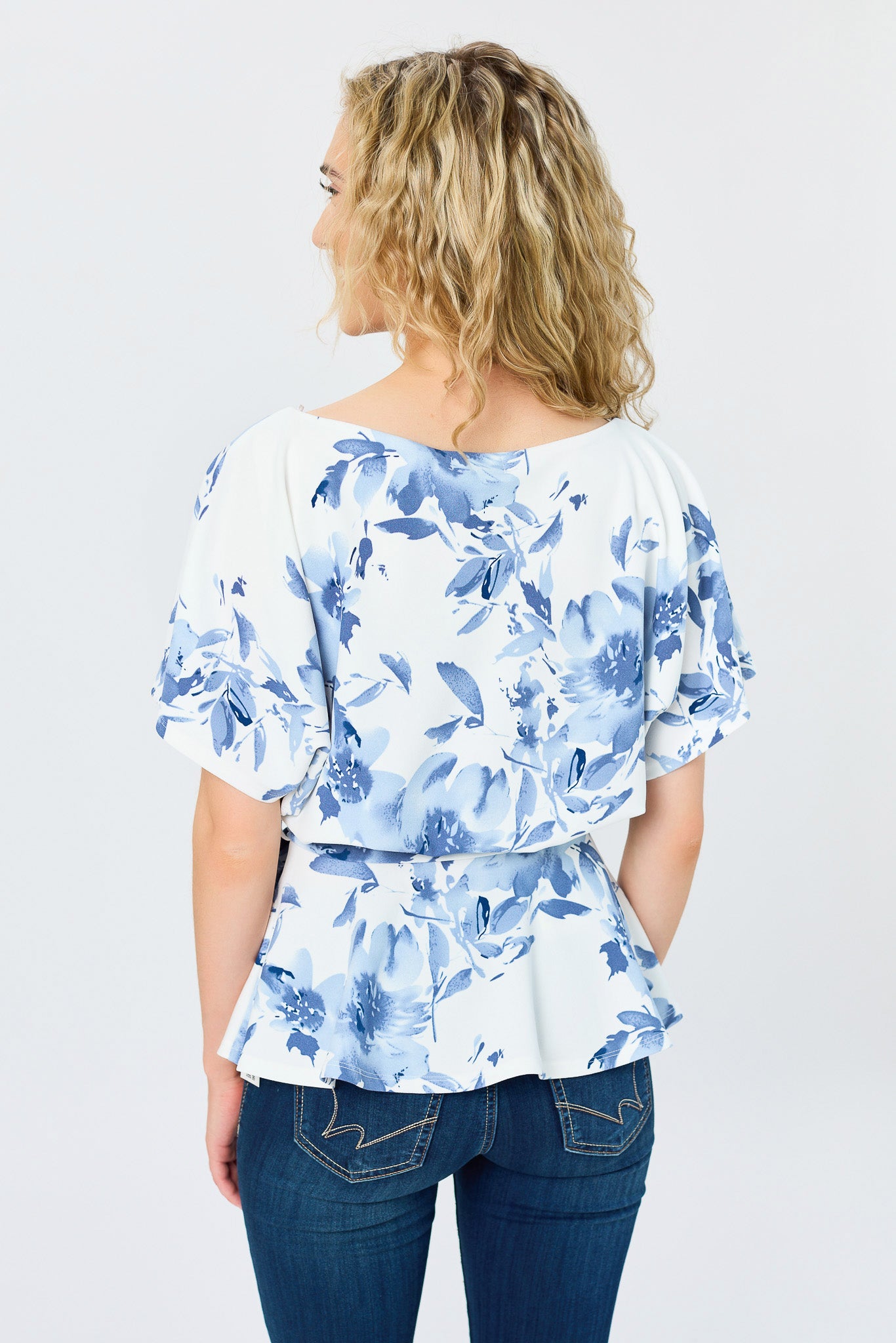 Floral Stretch Crepe Batwing Peplum Top with Tie-Belt