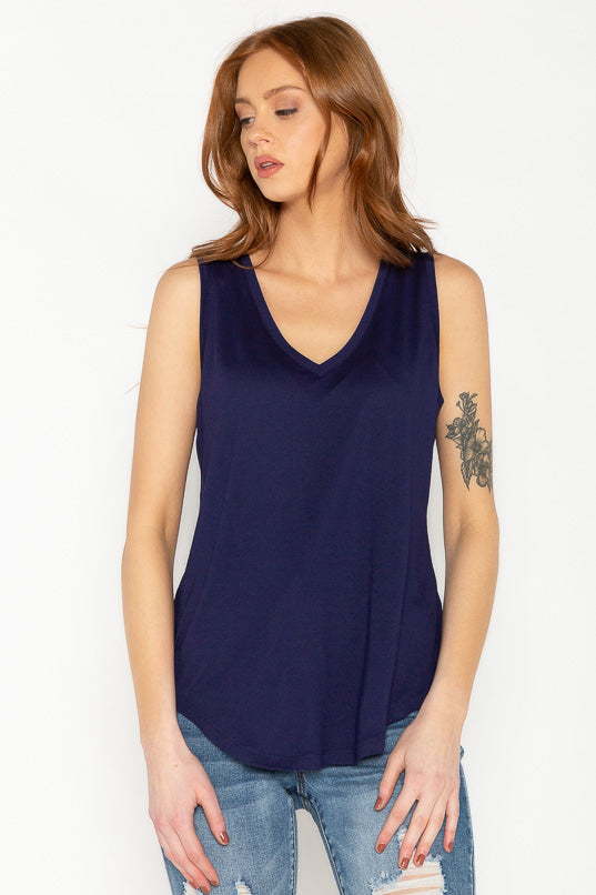 Sleeveless V-Neck Top with Shirttail Hem
