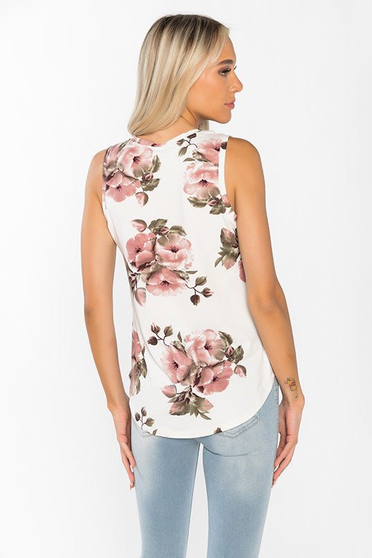 Pink Large Floral Sleeveless V-Neck