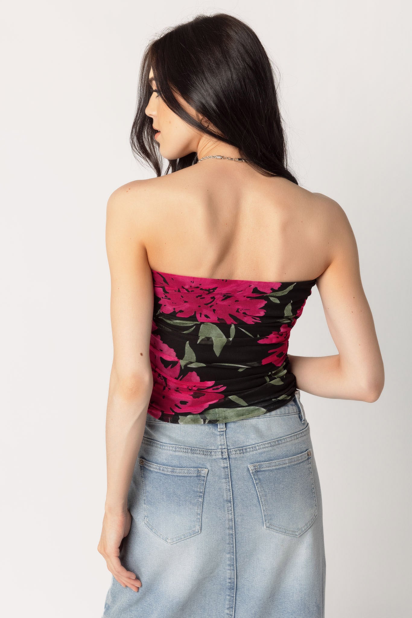 Bright Floral Mesh Ruched Tube Top