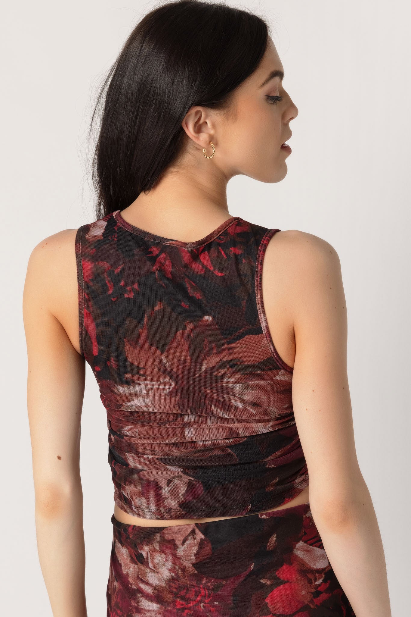 Flowery Mesh High Neck Ruched Tank