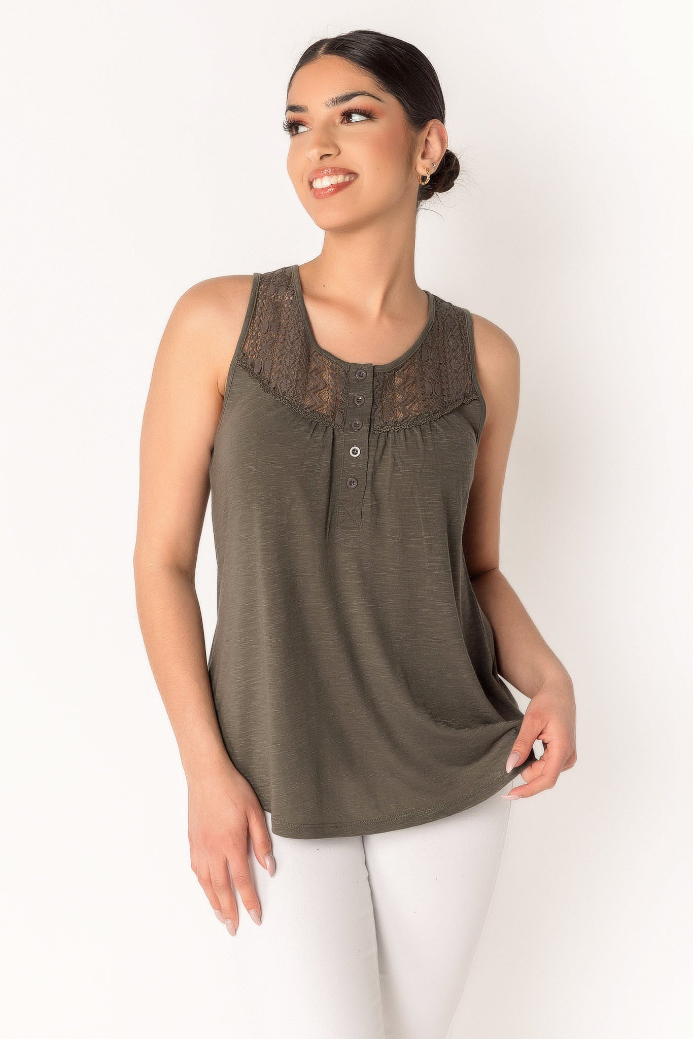 Slub Henley Tank with Lace Trim