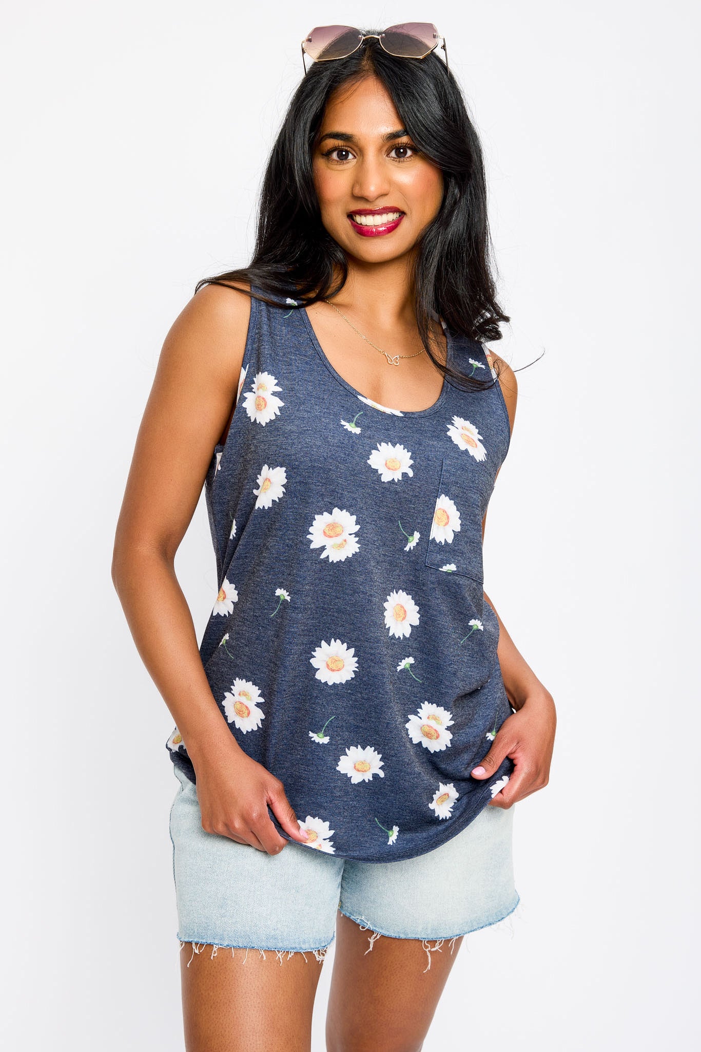 Daisy Print Sleeveless Scoop-Neck French Terry Tank