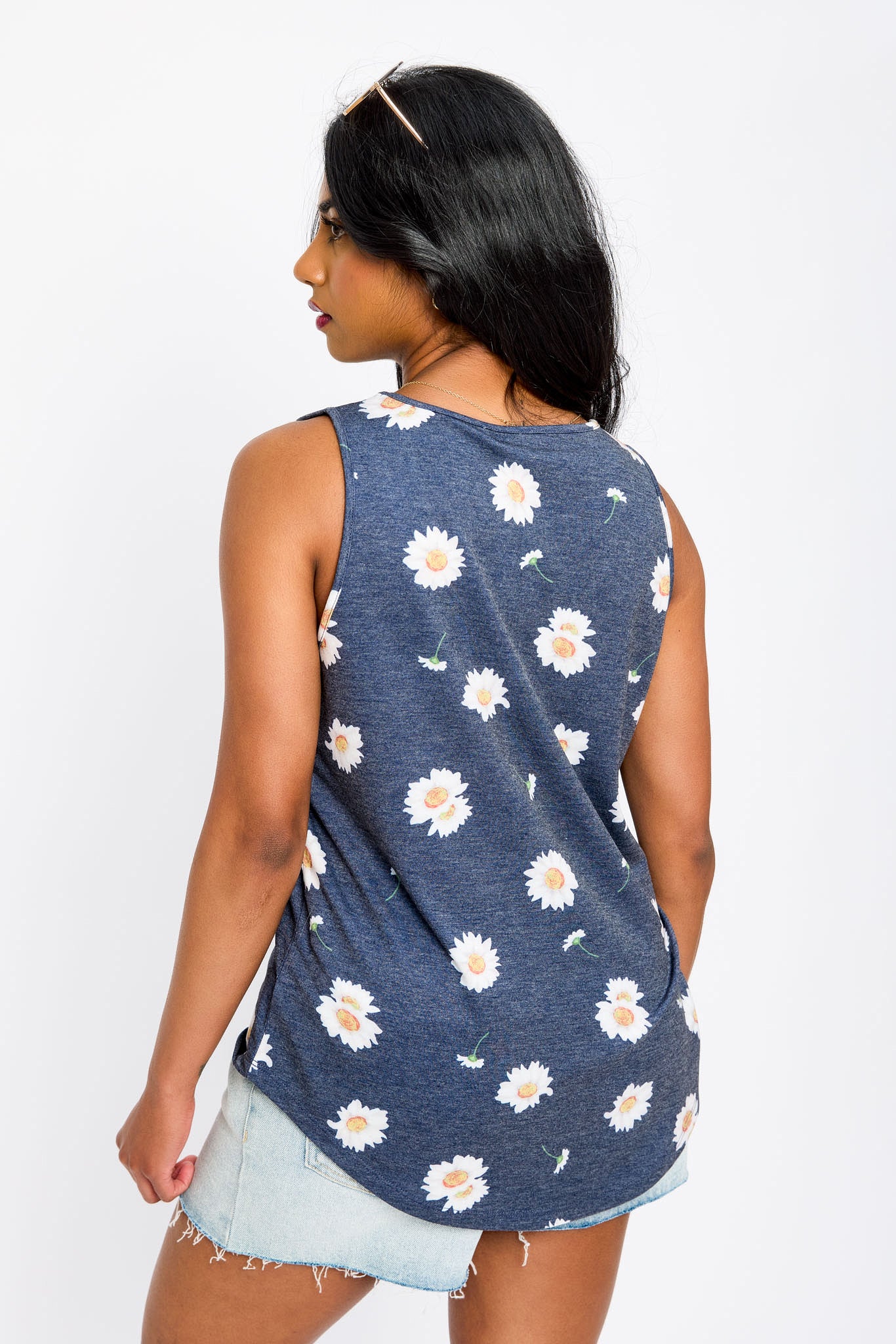 Daisy Print Sleeveless Scoop-Neck French Terry Tank