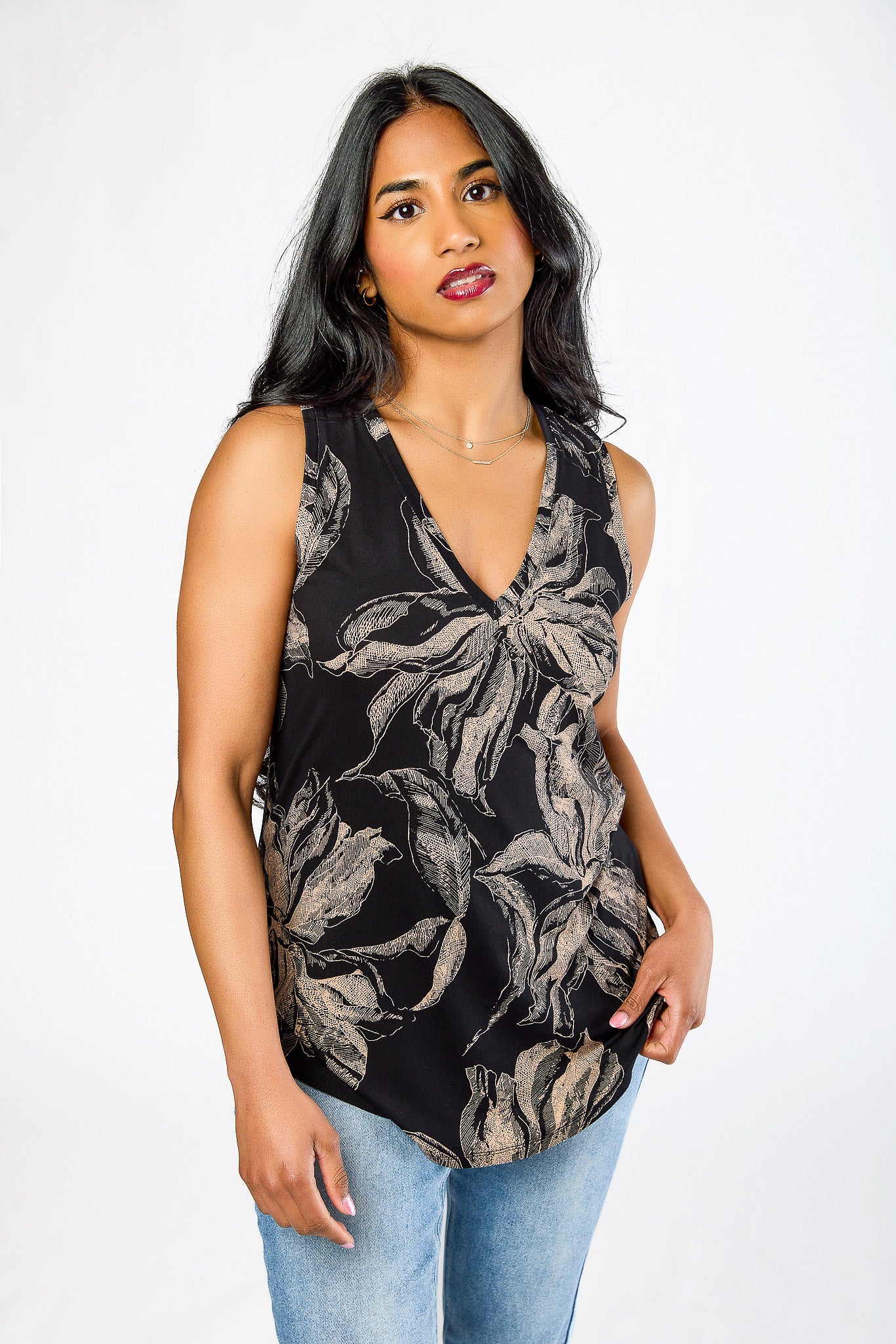 Brushed Floral V-Neck Sleeveless Top