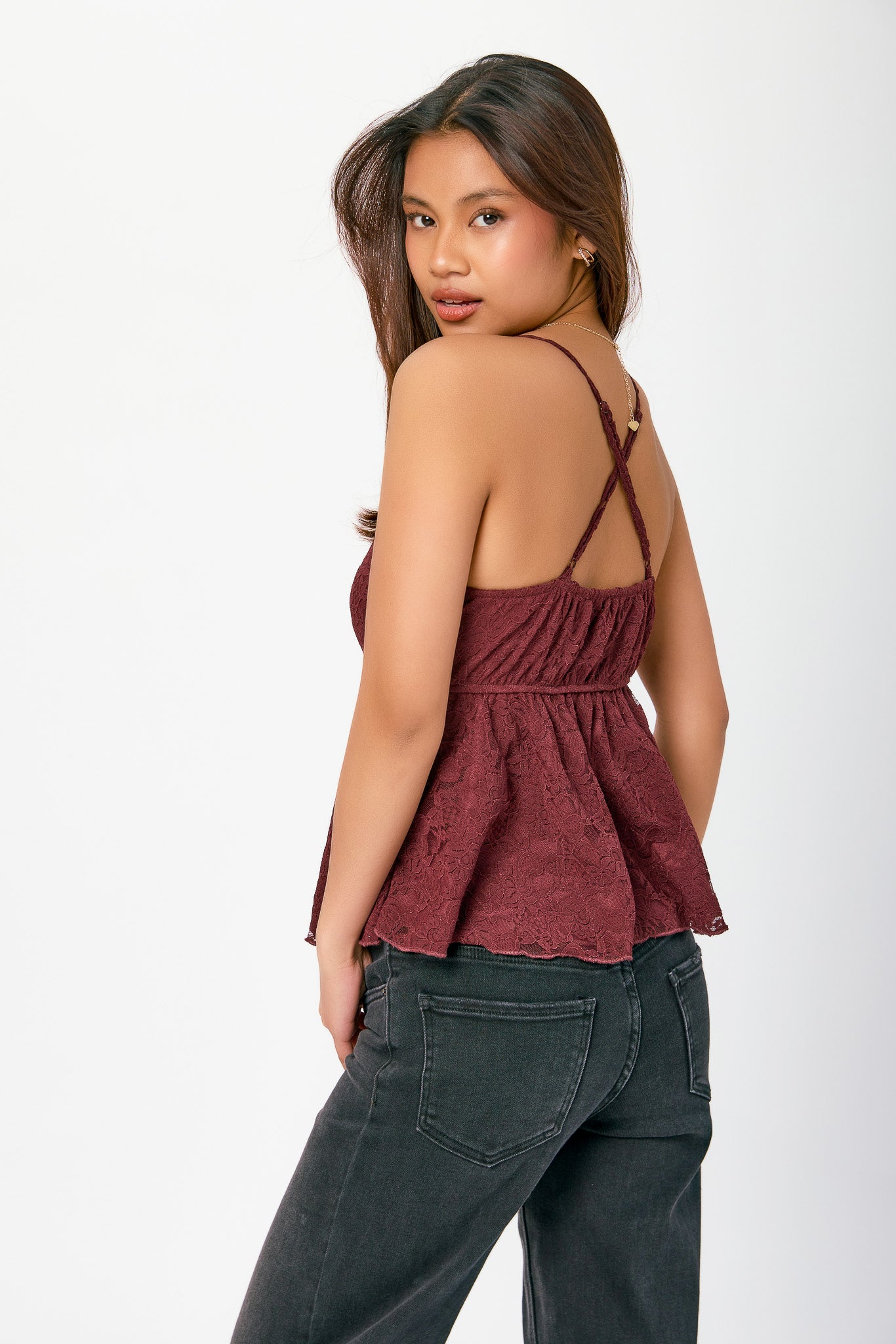 Lace V-Neck Spaghetti Strap Babydoll Top