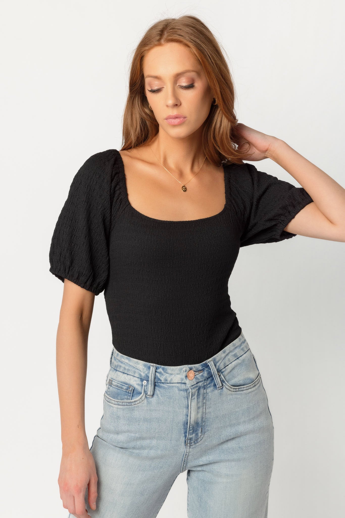 Textured Puff Sleeve Bodysuit with Tie-Back