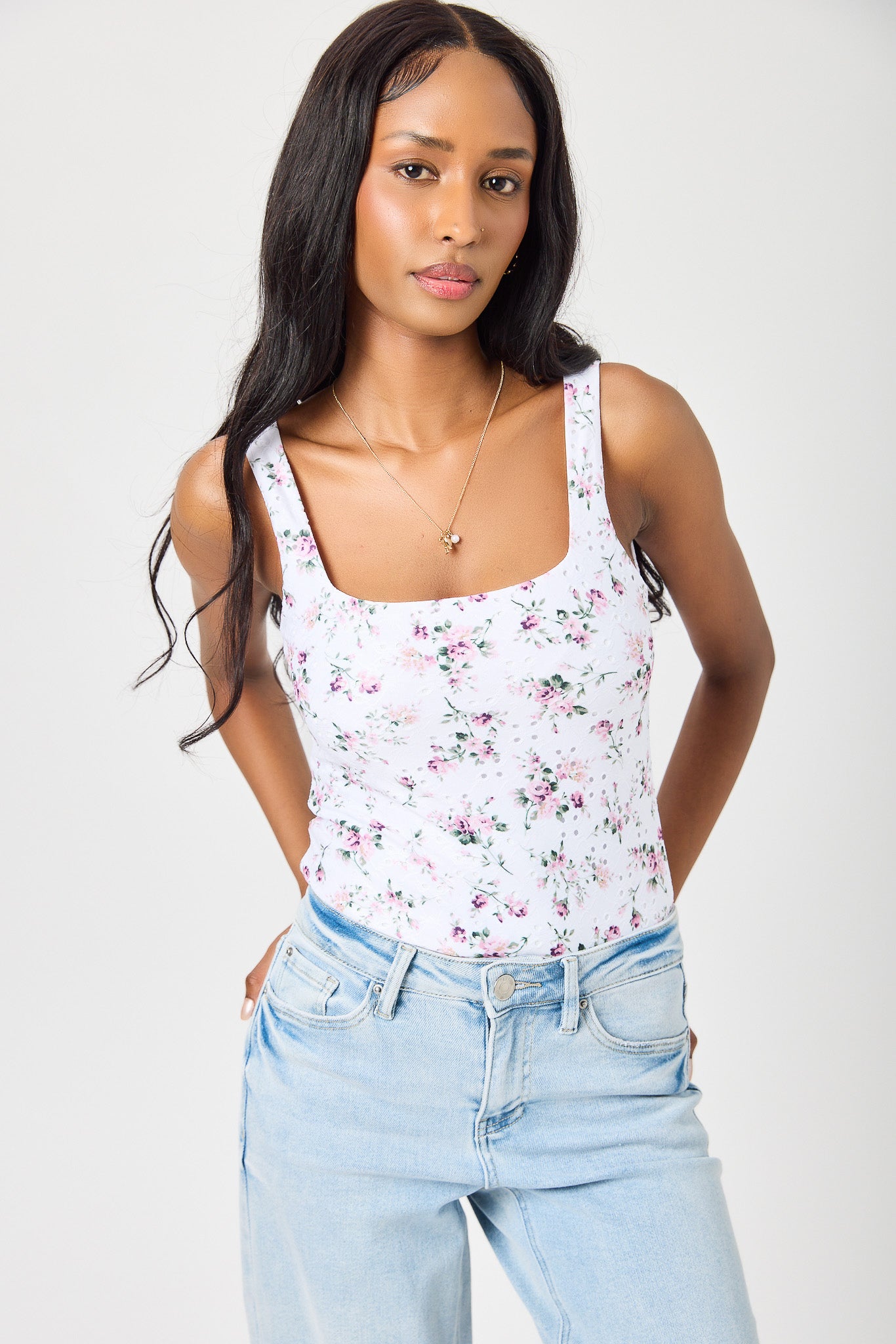 Pink Combo Ditsy Eyelet Square-Neck Bodysuit
